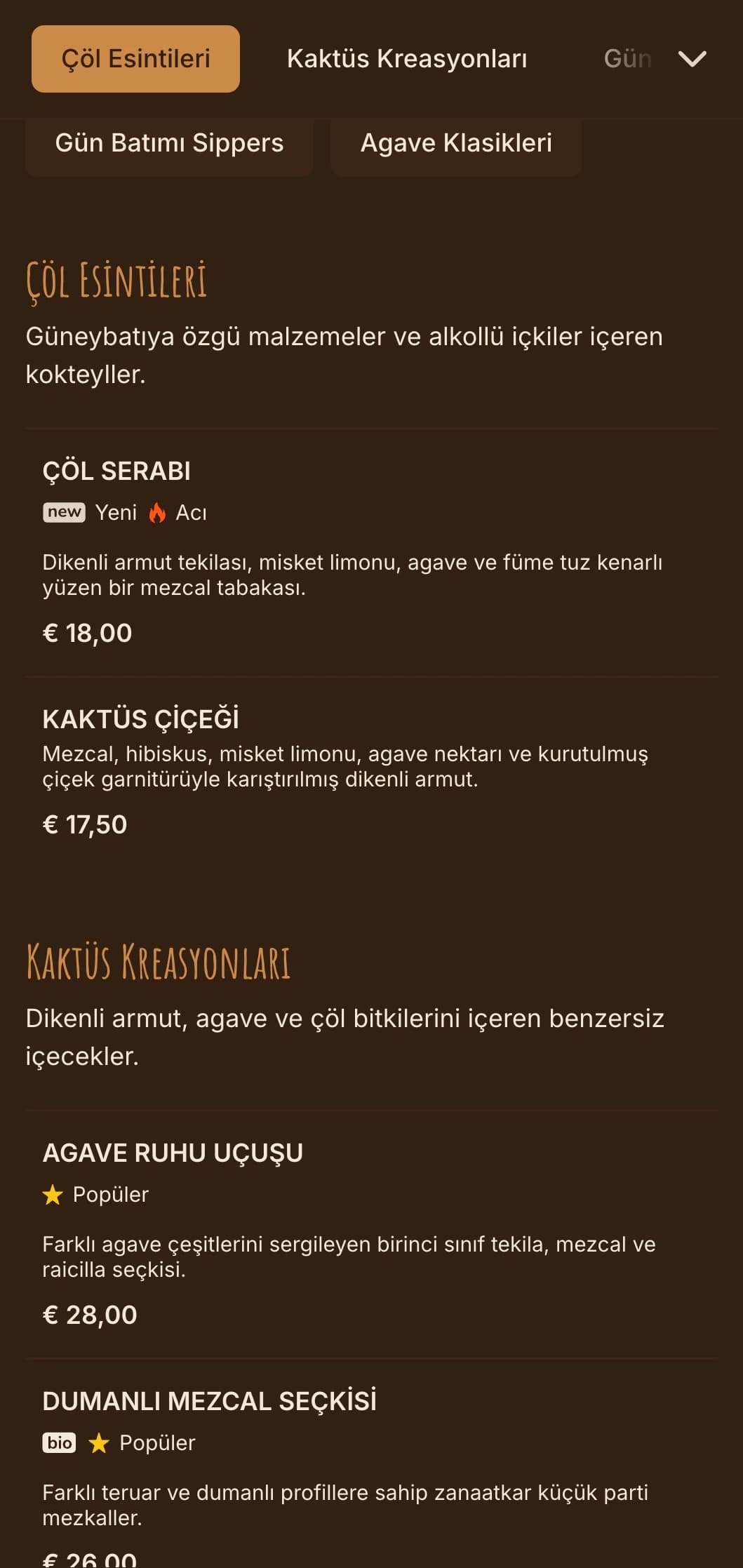 Tekila ve mezcal barlar için güneybatı motifleriyle çölden ilham alan sıcak bir palet.