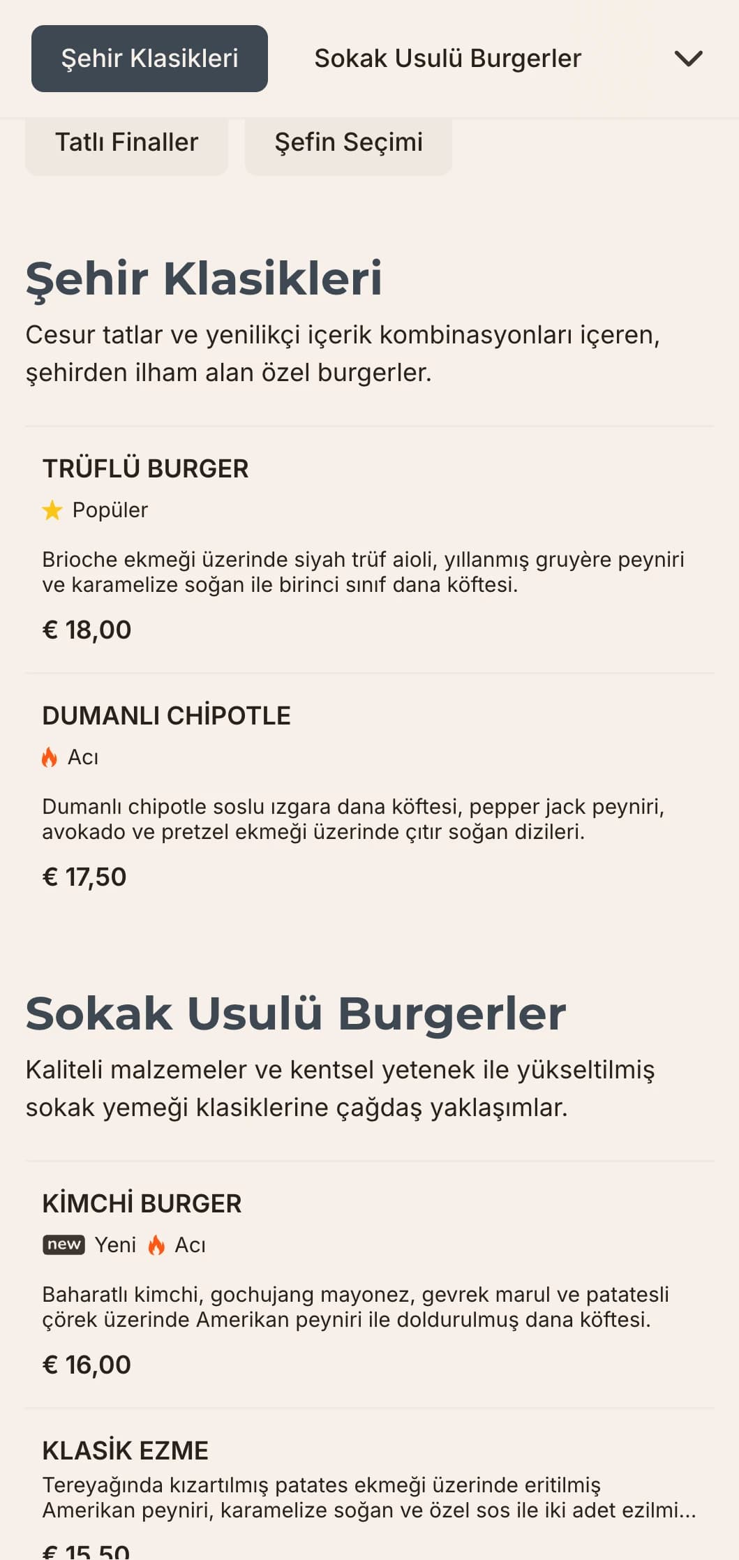 Şehirli yemek meraklıları için minimalist tipografi ve endüstriyel esintili unsurlar içeren şık, çağdaş burger bar tasarımı.