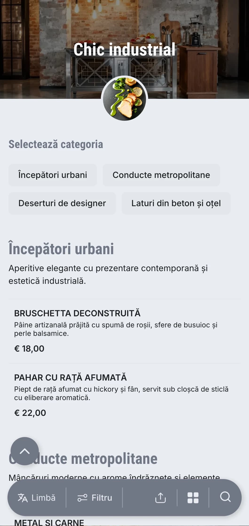 Prezentare de catering crudă, energică, cu estetică urbană modernă, elemente metalice și texturi de beton pentru evenimente în depozite și deschideri de galerii.