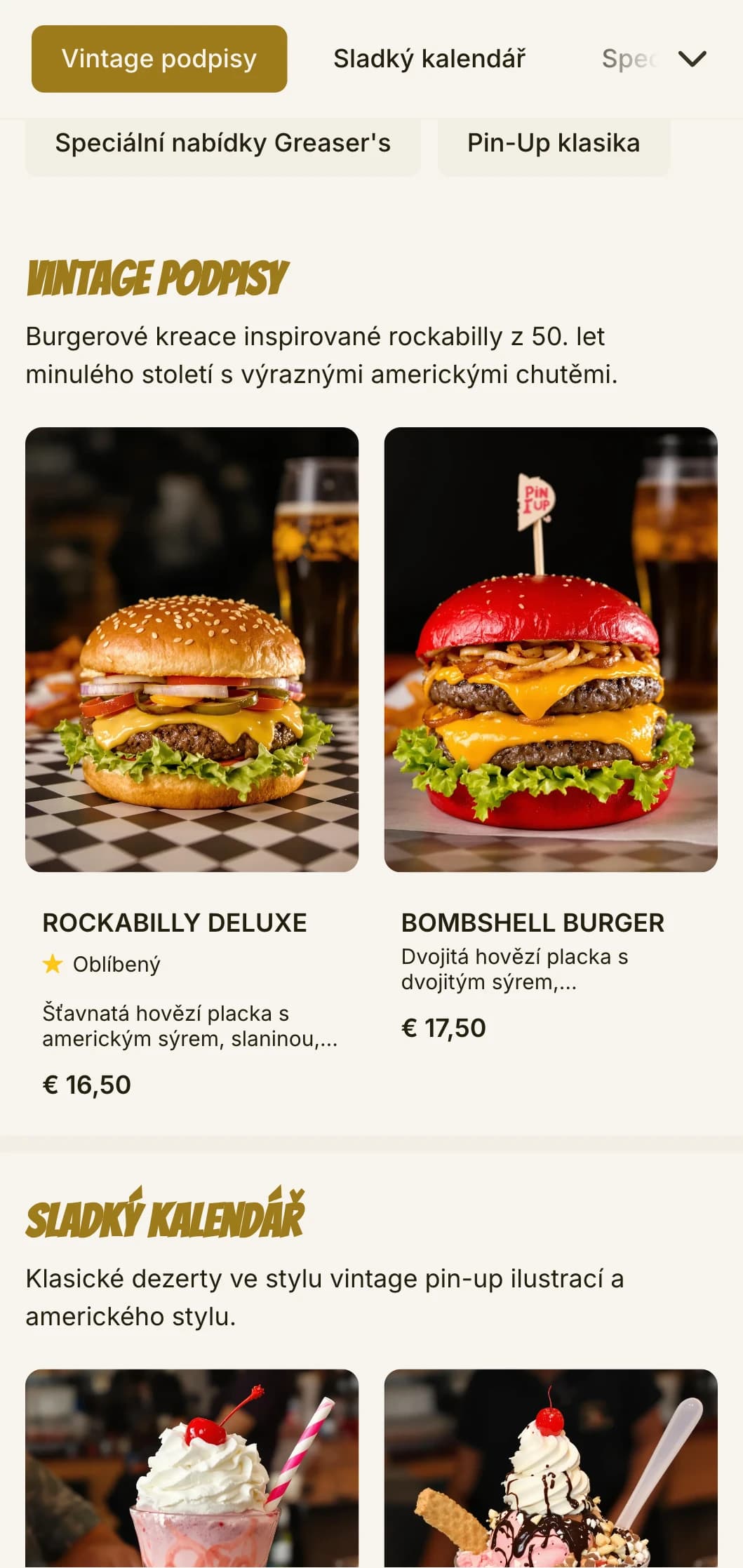 Rockabilly inspirovaná hamburgrárna s vintage pin-up uměním a nostalgií 50. let.