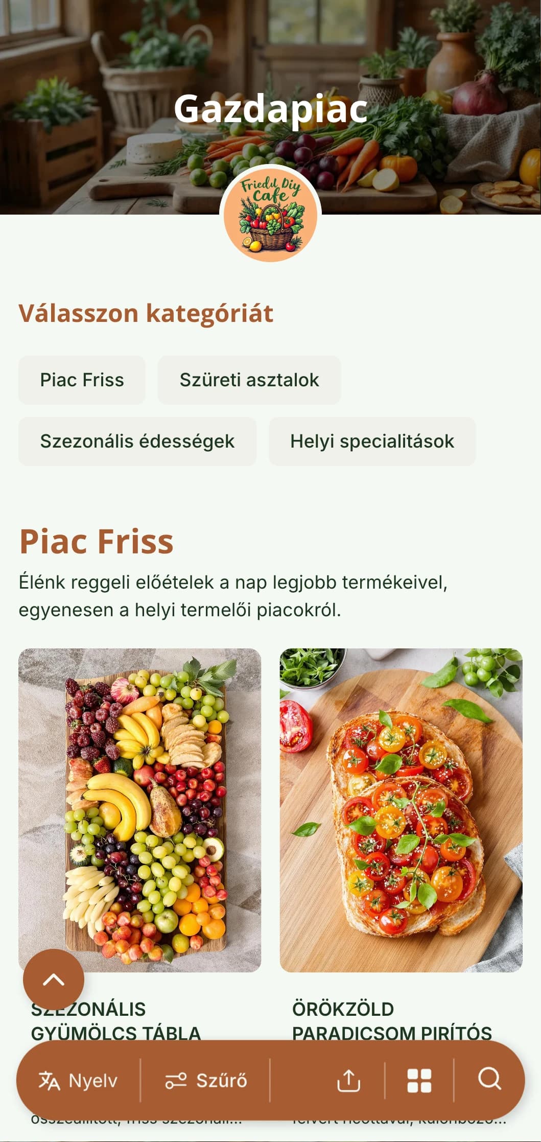 Friss, szezonális villásreggeli sablon rusztikus elemekkel, tökéletes a helyi termékeket kínáló farmtól az asztalig kávézók számára.