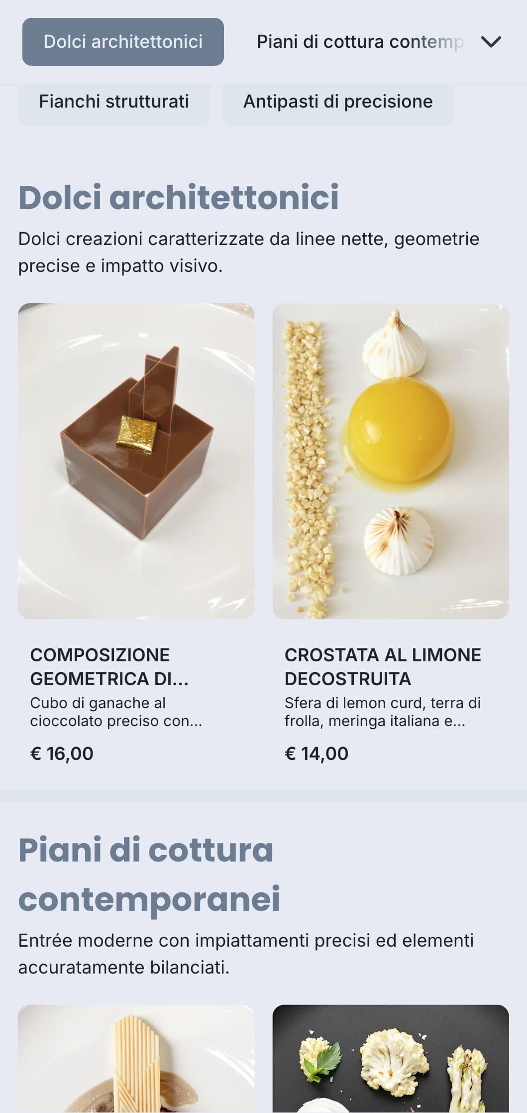 Design del catering pulito e strutturato, con impiattamenti geometrici, porzioni precise e schemi di colori monocromatici per eventi contemporanei.