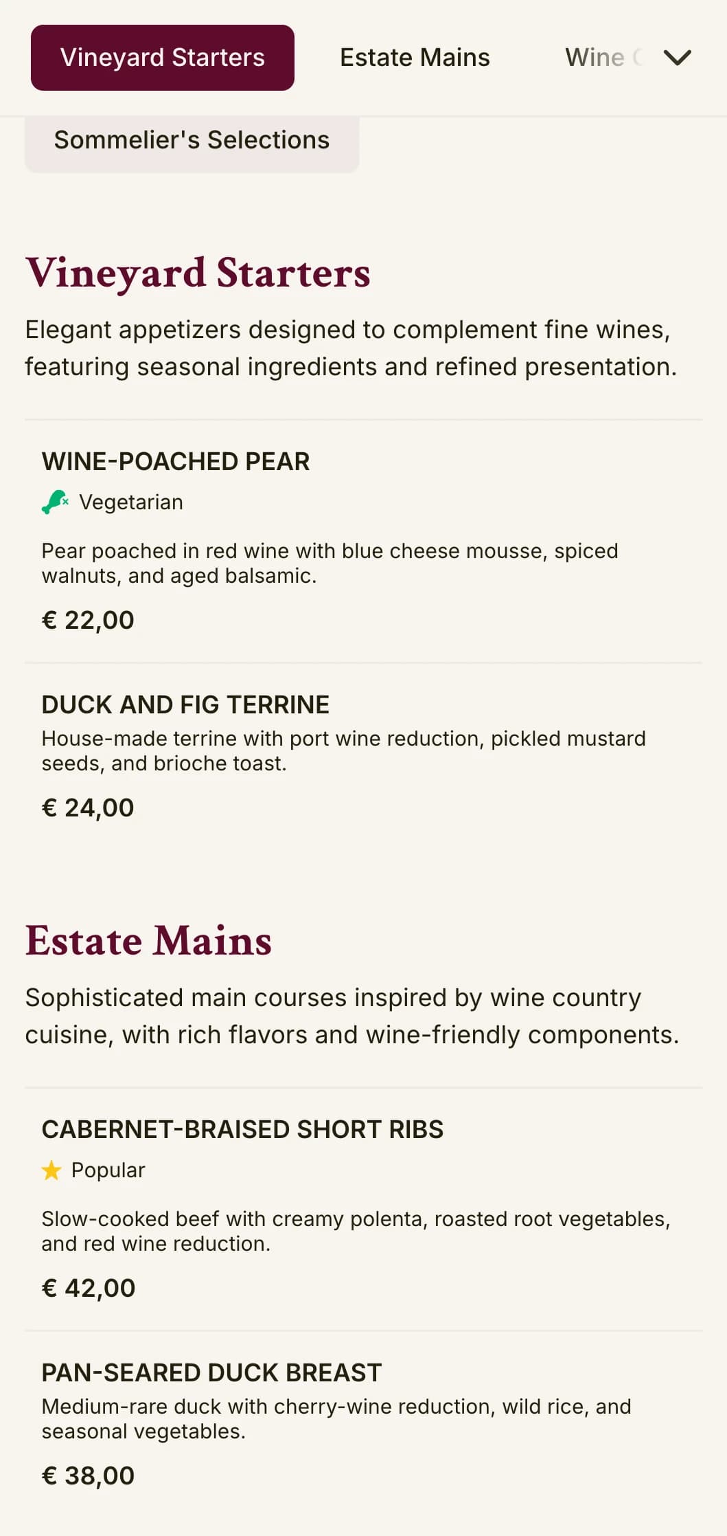 A sophisticated dinner menu with wine-inspired colors and elegant typography, designed for establishments with extensive wine programs.