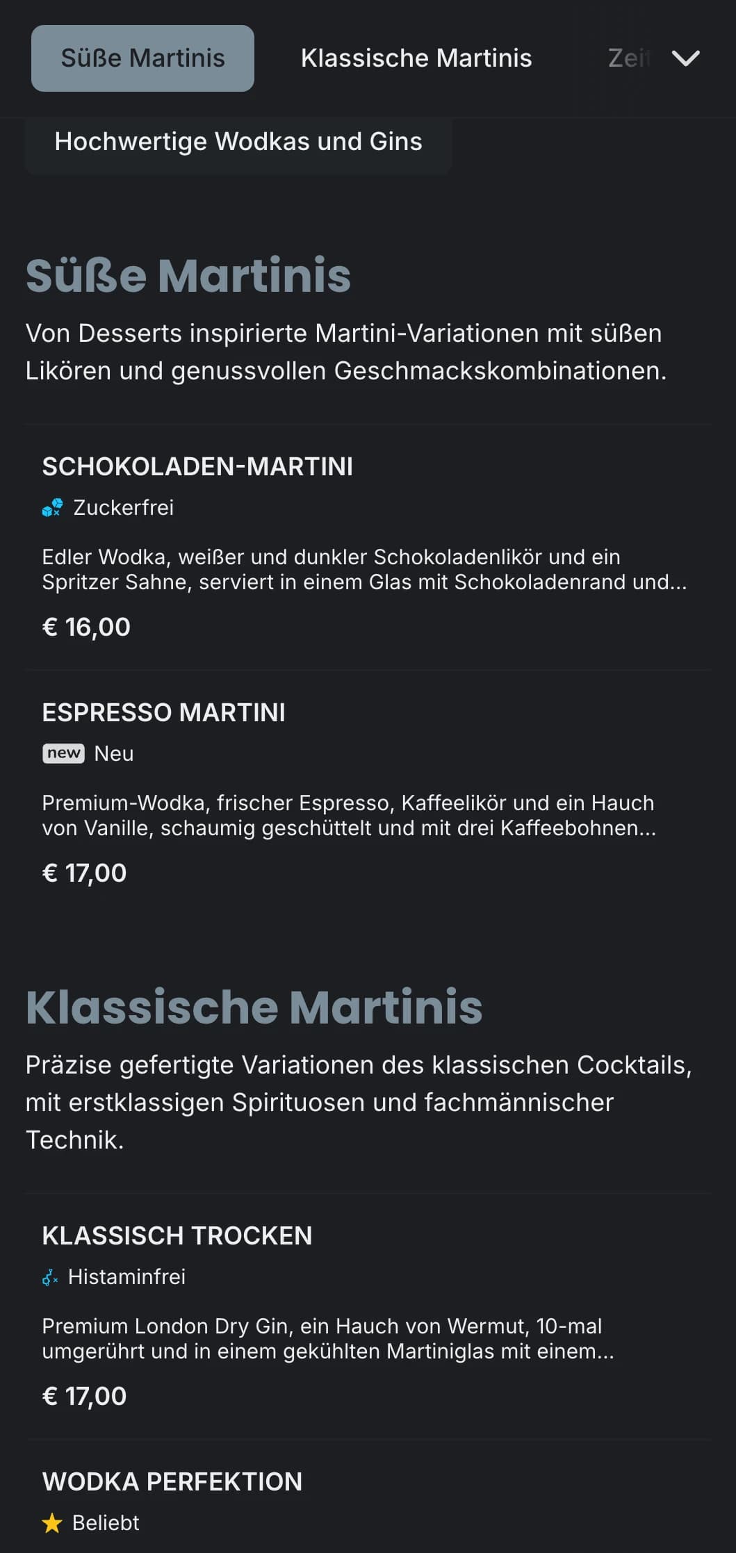 Ein anspruchsvolles, urbanes Menüdesign für Martini-Bars und Lounges mit schlanker Typografie und kühlen Grautönen.