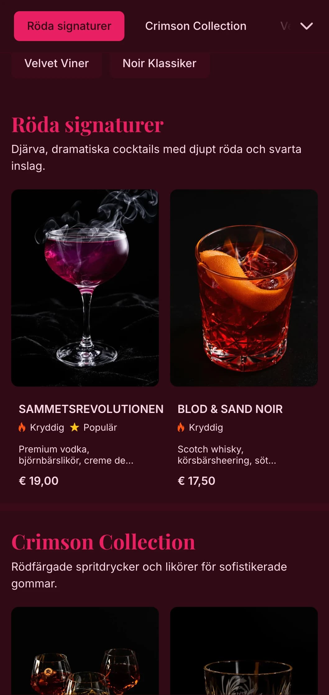 Djärv svart och röd design med lyxiga texturer för dramatiska cocktailupplevelser.