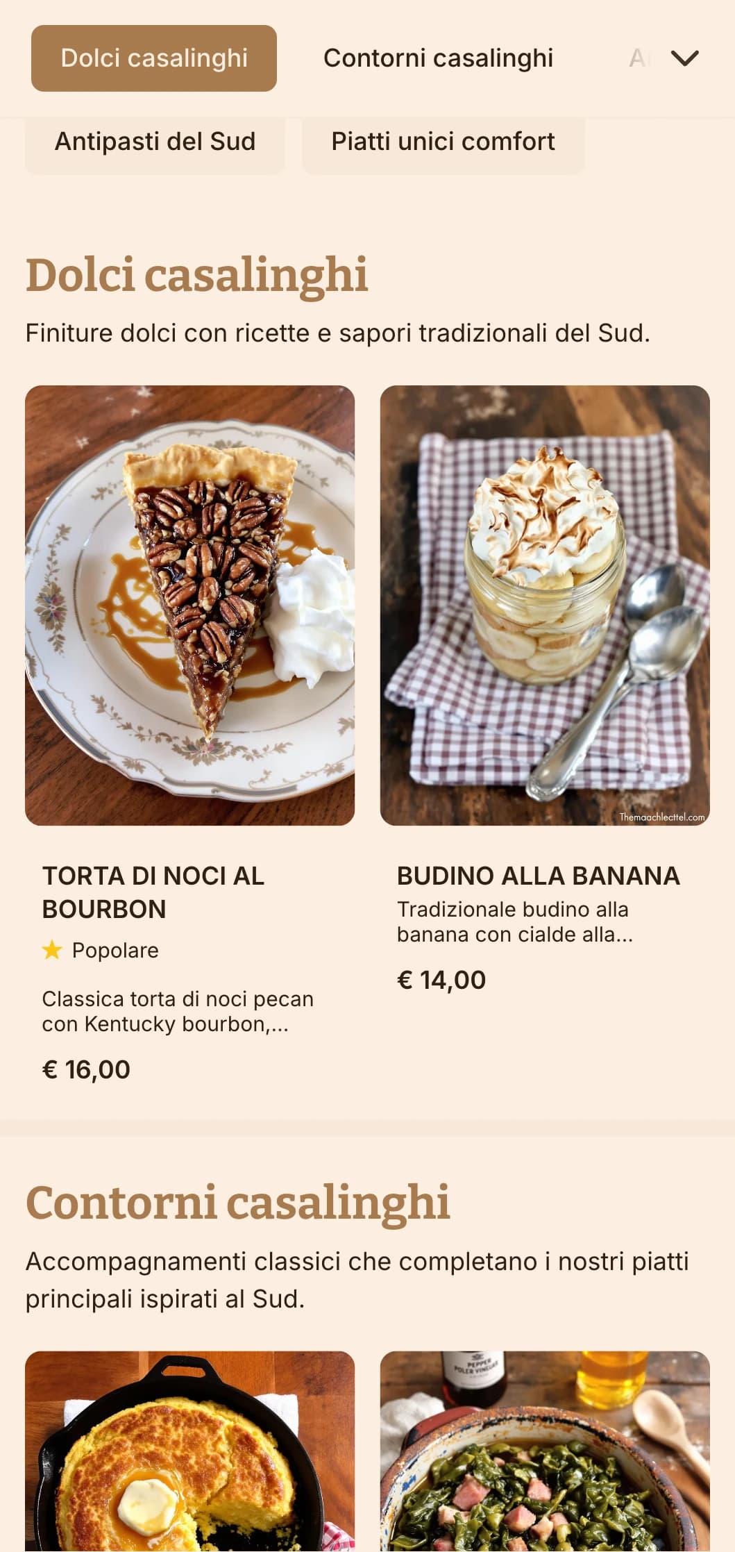 Un catering in stile sudista che si caratterizza per i classici del comfort, le porzioni generose e la presentazione in stile casalingo per le riunioni di famiglia e gli incontri informali.