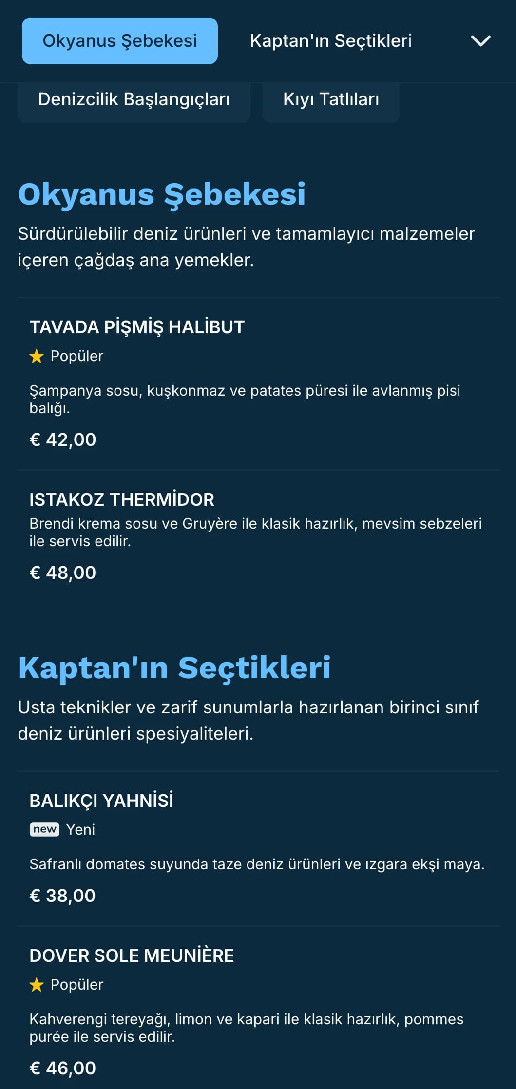 Lüks deniz ürünleri restoranları için mükemmel, denizcilik esintileri taşıyan canlı, mavi tonlarda bir akşam yemeği menüsü.