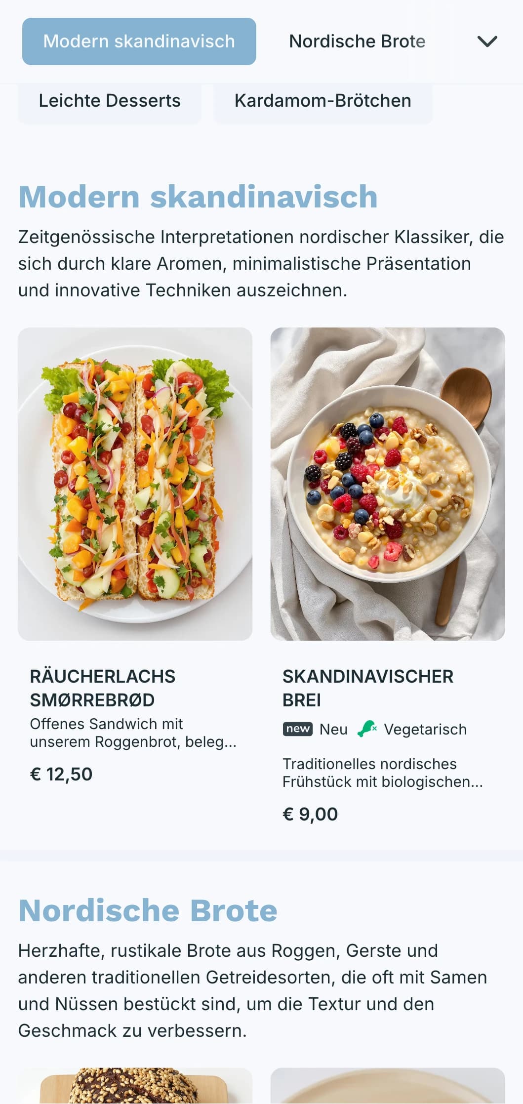 Ein helles, luftiges Bäckerei-Menü-Design mit kühlen Blautönen und klarer Typografie, perfekt für skandinavisch inspirierte Bäckereien und moderne Cafés.