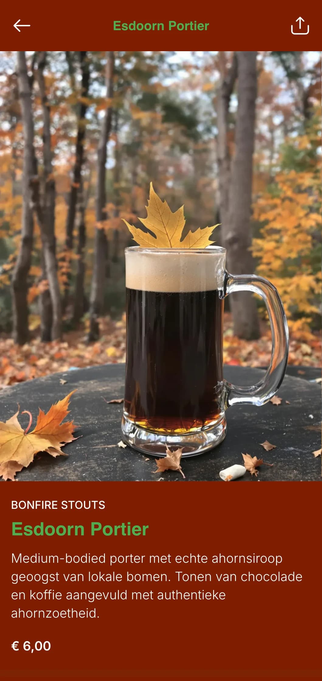 Warm en rijk herfstthema met oogstkleuren en bladmotieven, perfect voor seizoensgebonden herfstbiermenu's.
