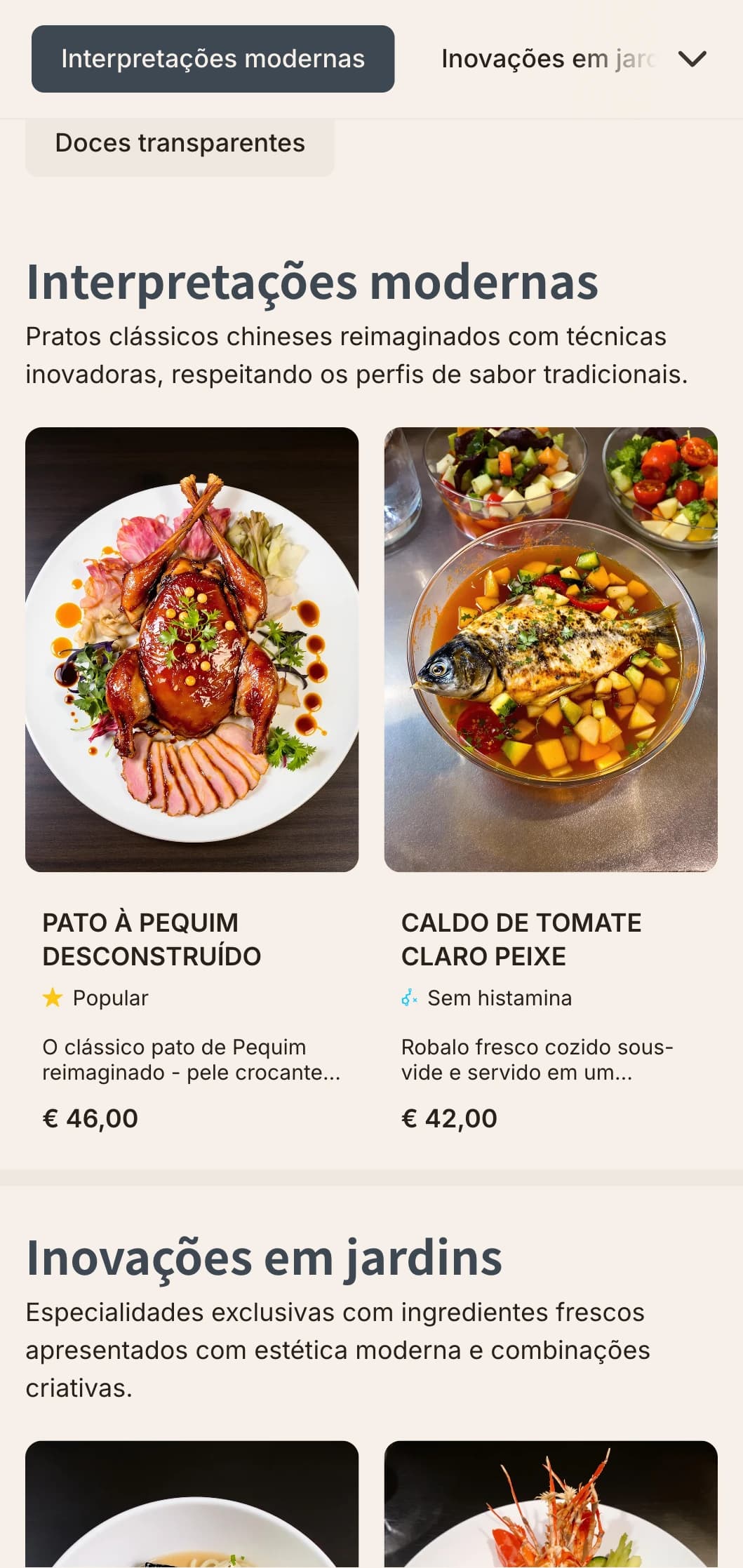 Design de cardápio chinês contemporâneo com elementos inspirados em cristais e motivos de jardim para restaurantes modernos de fusão.