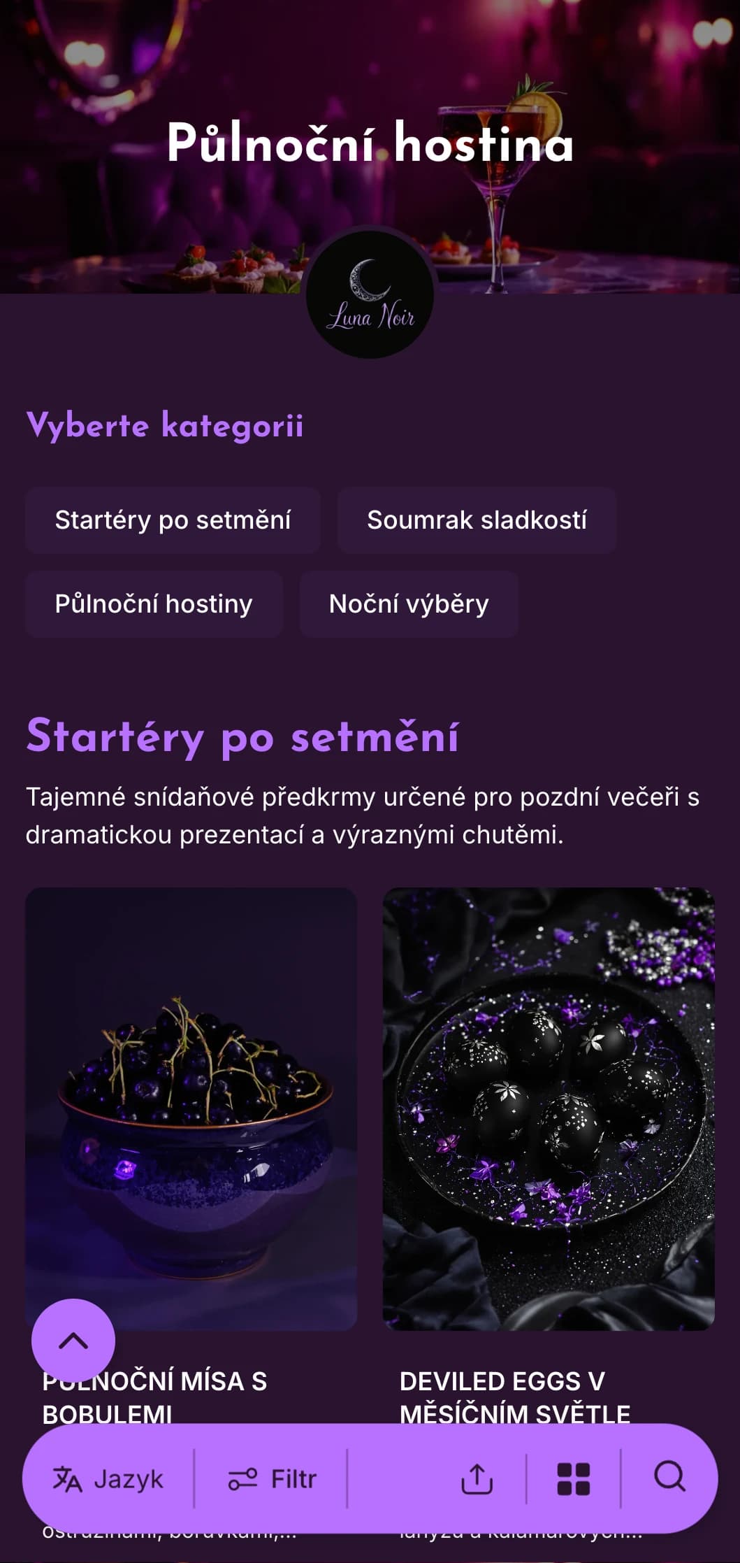 Sytě fialová šablona se světlými akcenty, ideální pro pozdní brunch a snídaně s koktejly.