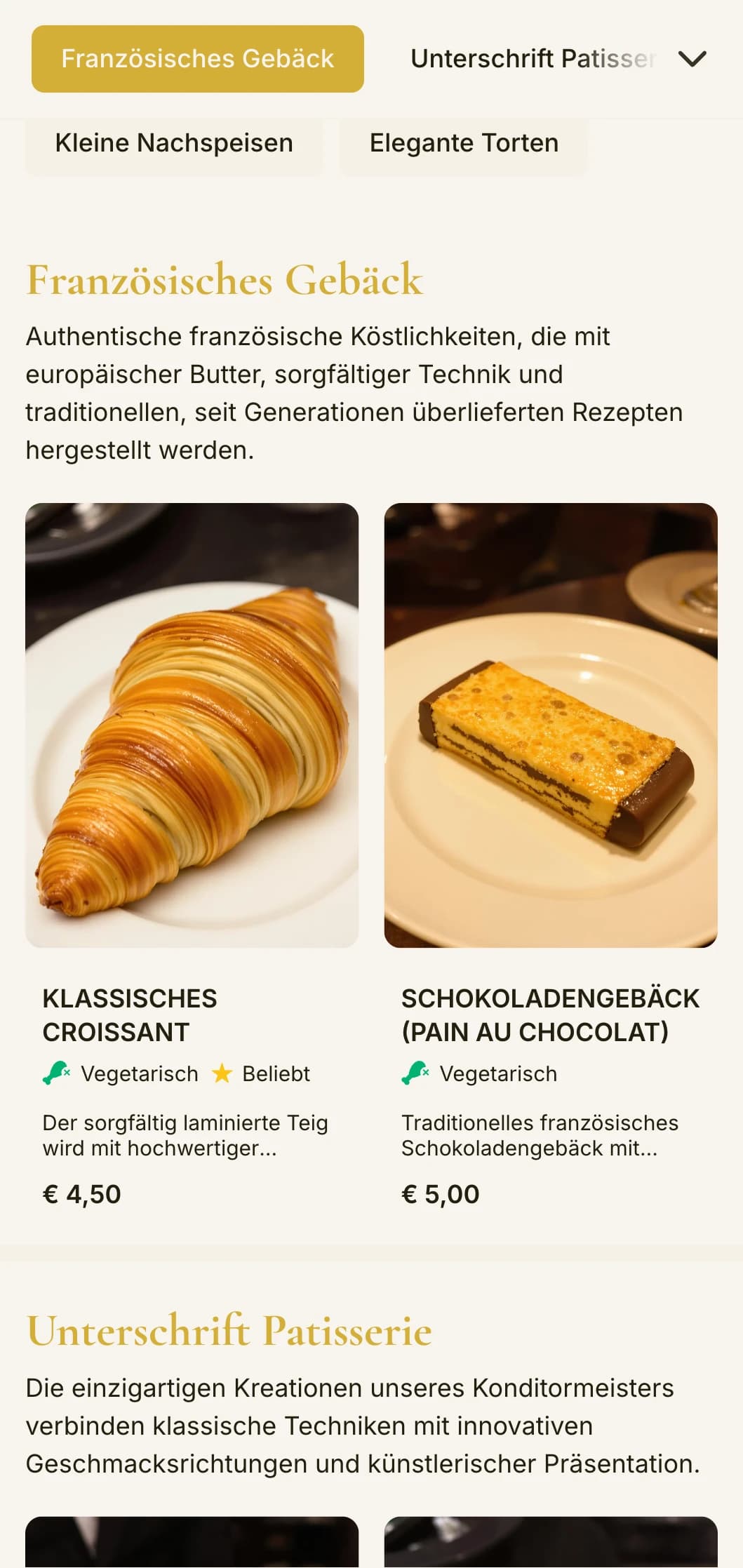 Ein elegantes, raffiniertes Bäckerei-Menü-Design mit goldenen Akzenten und raffinierter Typografie, perfekt für gehobene Konditoreien und Dessertshops.