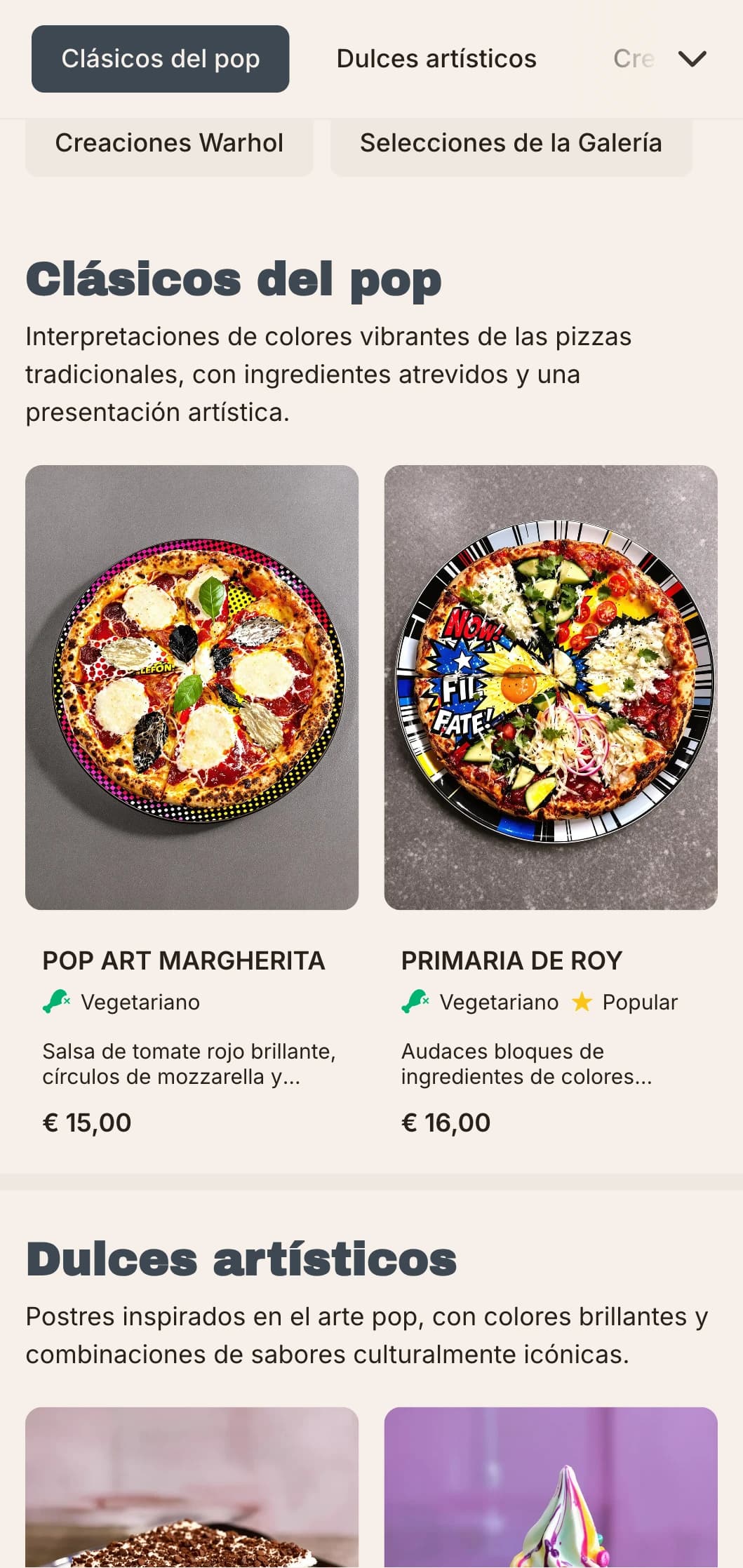 Carta de pizzas inspirada en Andy Warhol, con elementos de arte pop y estética retro-moderna.