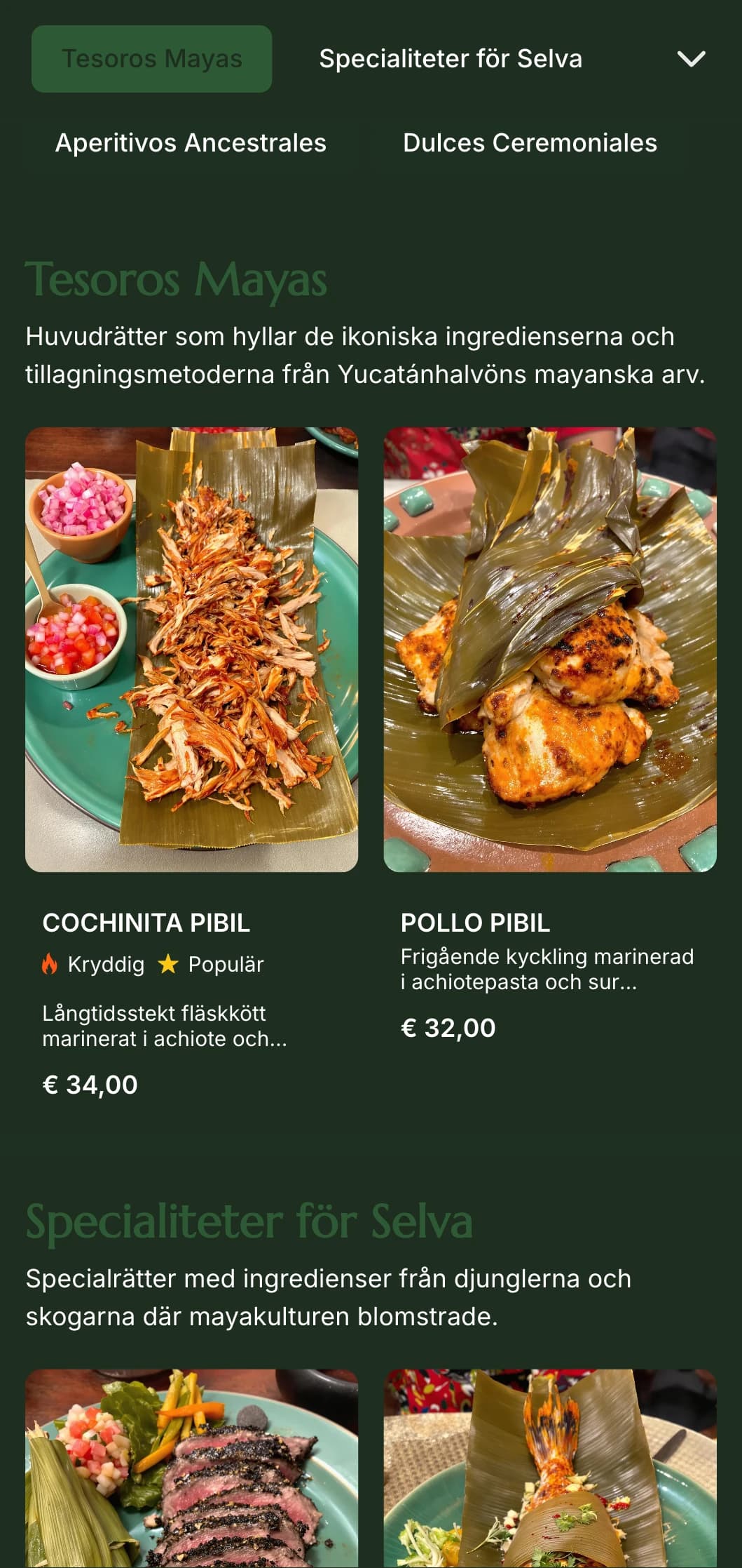 Mystisk och elegant meny inspirerad av mayakulturen med jadegröna accenter, uråldrig symbolik och specialiteter från Yucatánhalvön.