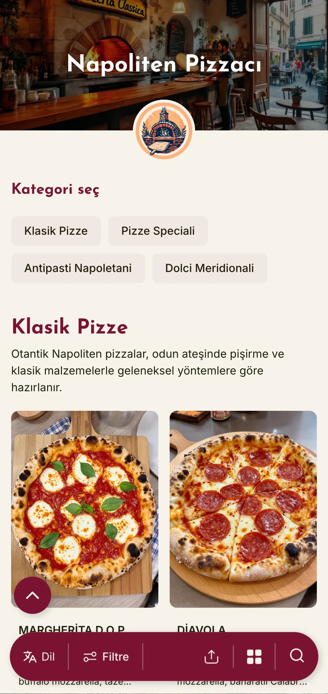 Napoli'nin pizza geleneğini ve Güney İtalya havasını kutlayan sıcak renkler ve rustik unsurlar içeren canlı tasarım.