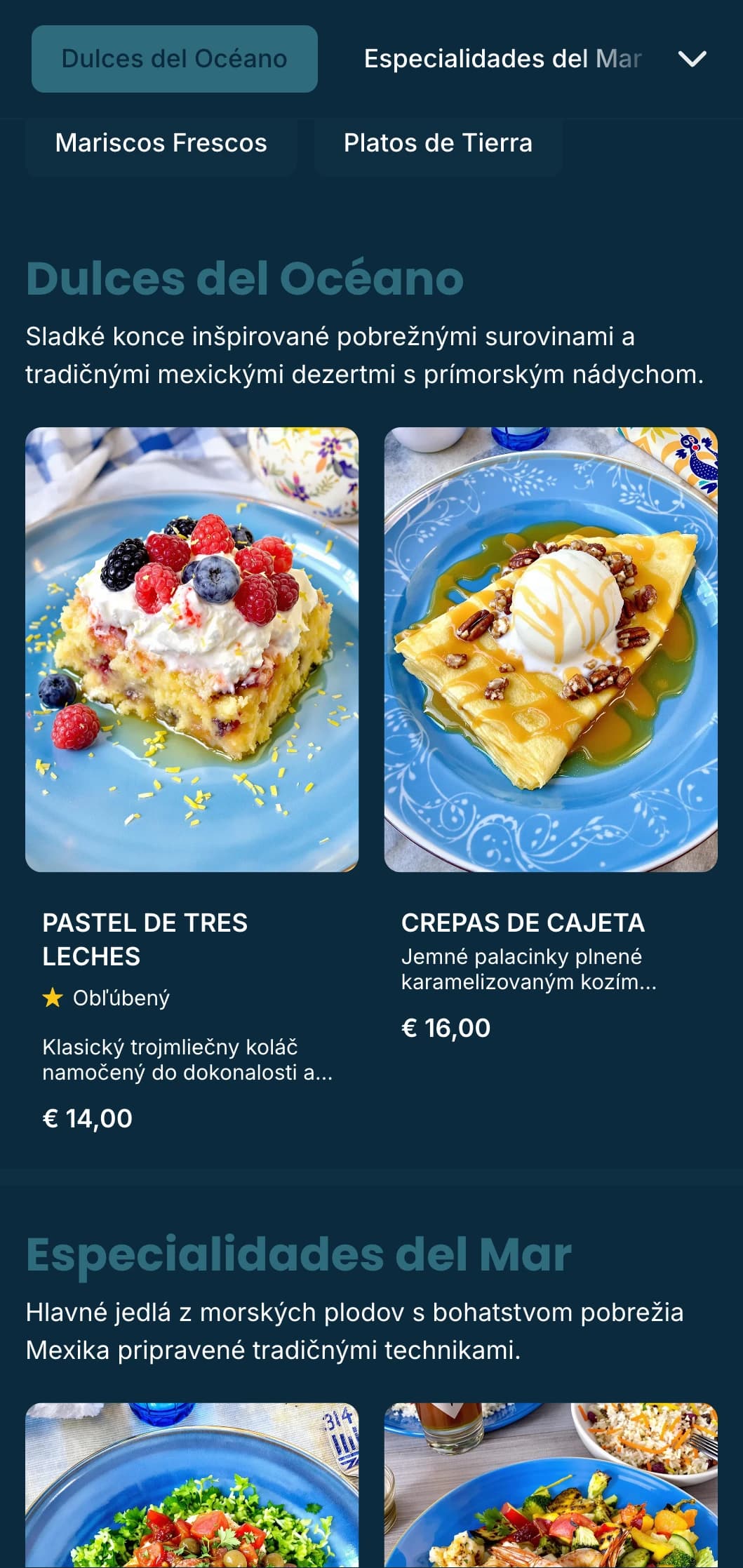 Svieže a svieže pobrežné mexické menu so špecialitami z morských plodov s azúrovo modrými akcentmi, jemnými vzormi vln a atmosférou na pláži.
