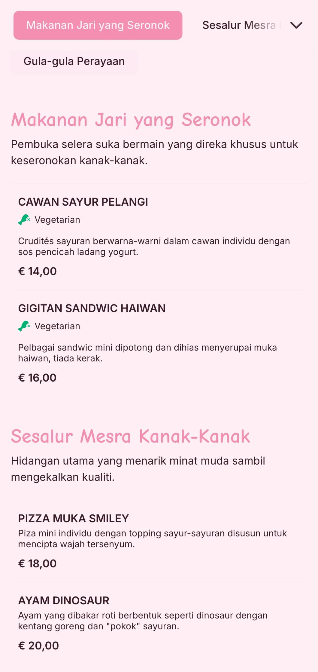 Katering yang menyeronokkan dan berwarna-warni yang direka khusus untuk acara kanak-kanak dengan persembahan yang menyeronokkan, pilihan mesra kanak-kanak dan stesen makanan interaktif.