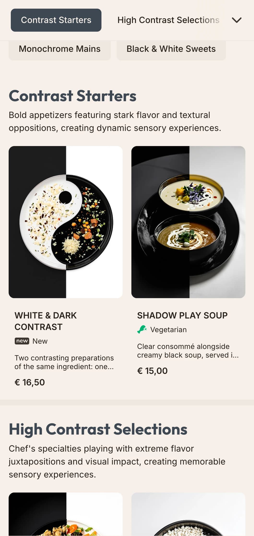 Stark, black-and-white lunch menu design with high contrast and bold typography, perfect for minimalist restaurants and contemporary art spaces.