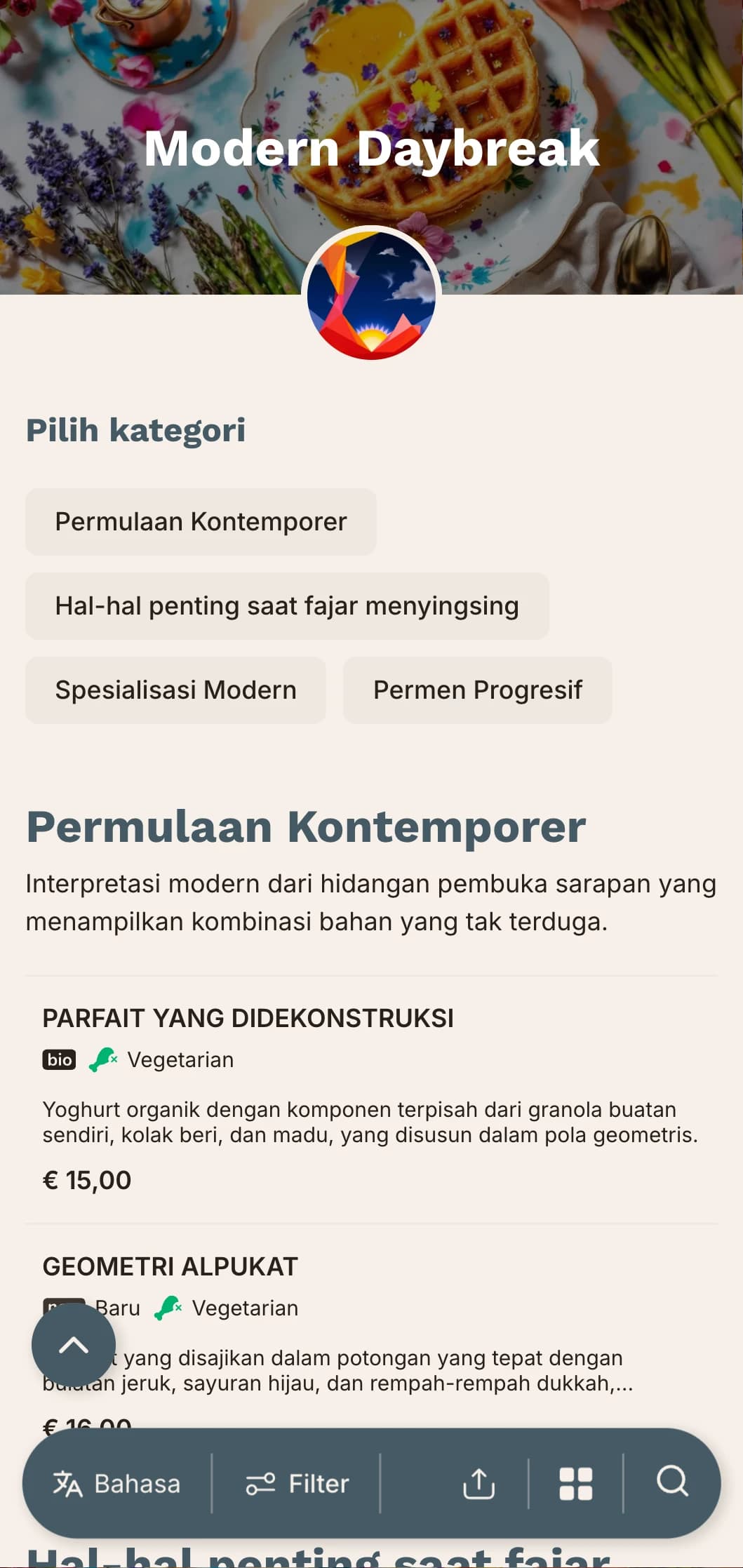 Sajian pagi kontemporer dengan teknik inovatif dan kombinasi rasa yang tak terduga untuk para petualang yang bangun pagi.