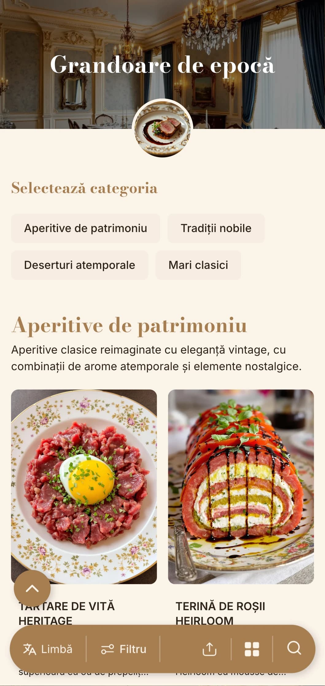 Sofisticare nostalgică cu tipografie și paletă de culori de inspirație vintage, perfectă pentru unitățile cu caracter istoric.