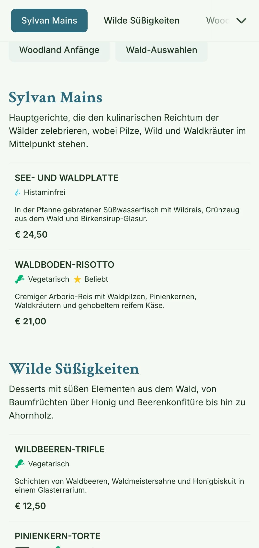 Ruhiges, vom Wald inspiriertes Design für die Mittagskarte mit organischen Strukturen und Erdtönen, perfekt für Restaurants in der Nähe von Naturlandschaften und Parks.