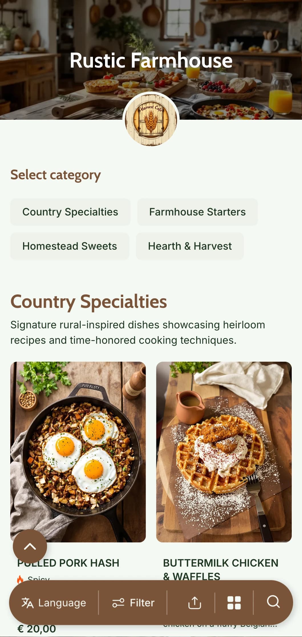 Warm, rustic brunch template with wooden textures and homey elements, ideal for country-style and farm-to-table establishments.