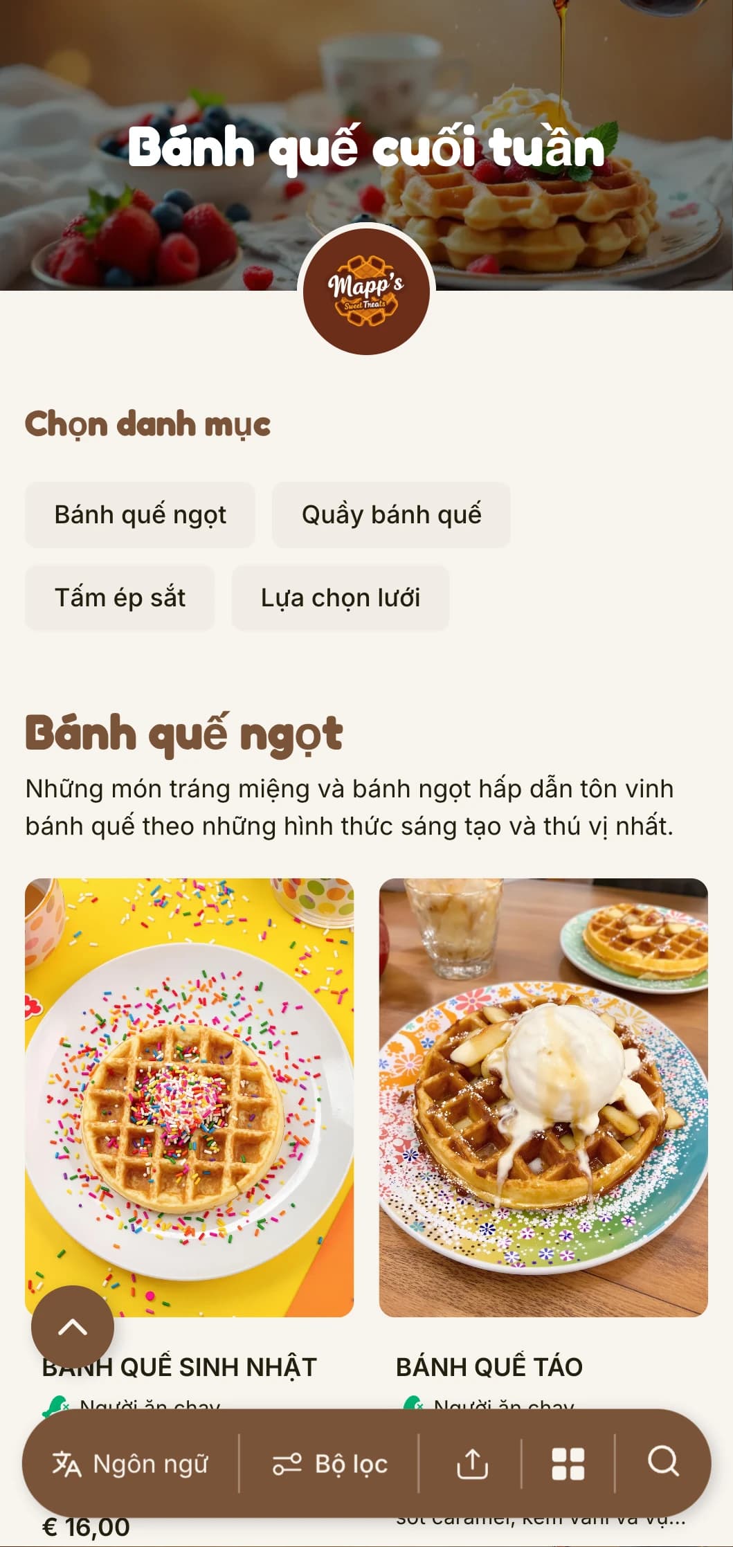 Mẫu bữa sáng ấm áp, vui tươi tập trung vào bánh quế và các món ăn sáng ngọt, lý tưởng cho các quán cà phê thân thiện với gia đình.