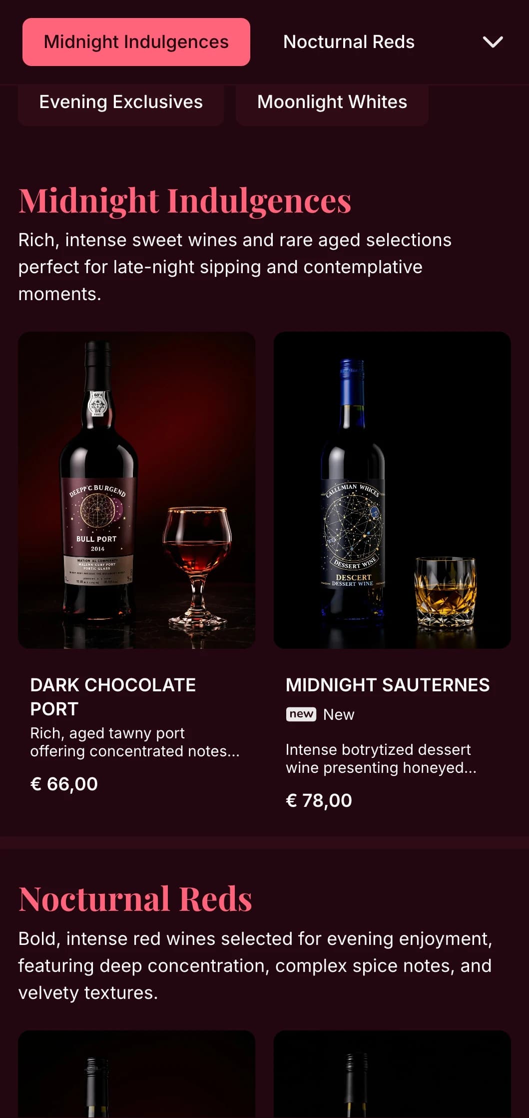 Intensely dramatic wine list template with striking pink accents against deep burgundy backgrounds, ideal for exclusive wine lounges and evening venues.