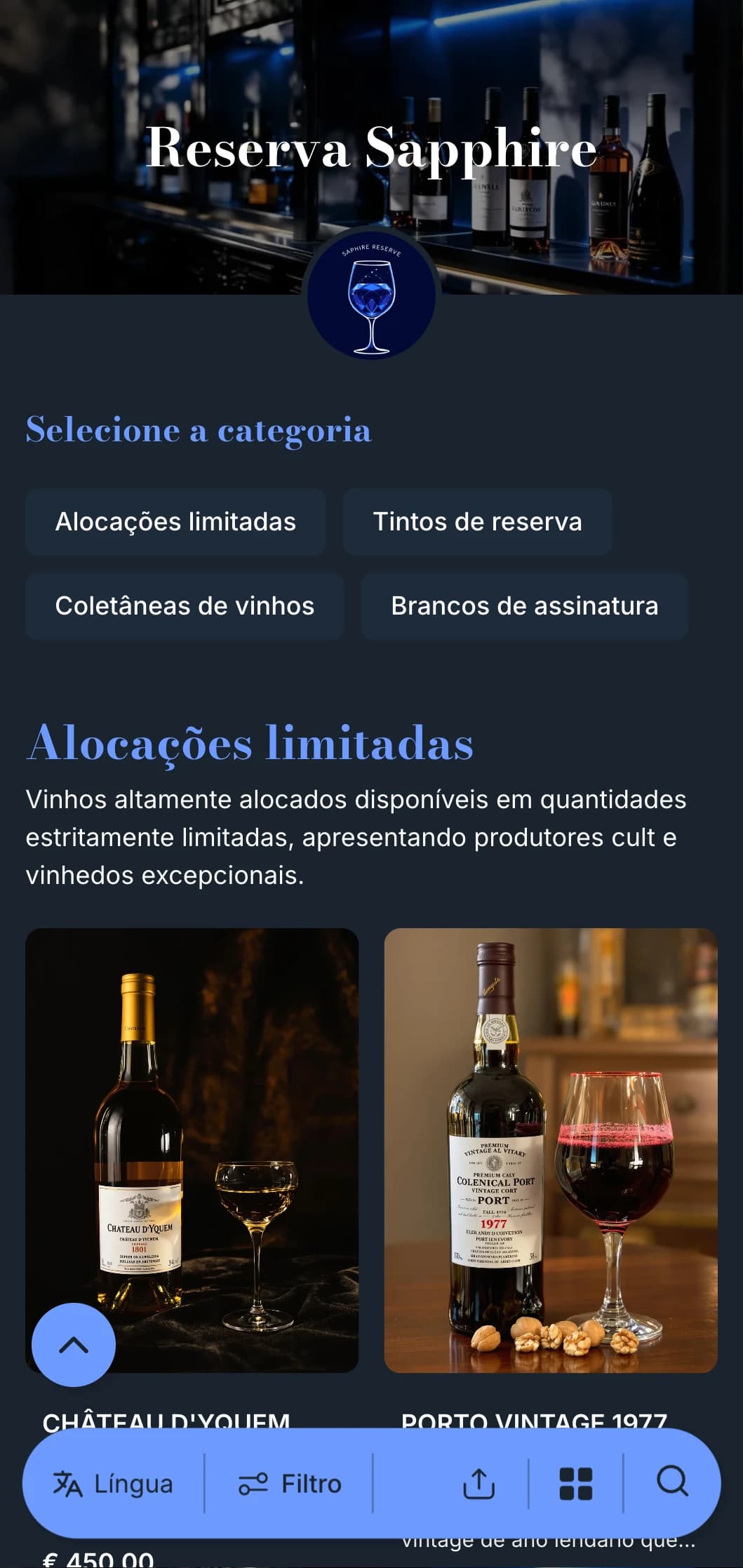 Modelo de carta de vinhos profundamente sofisticado, com detalhes em azul e fundo azul-marinho, ideal para bares de vinhos premium e estabelecimentos noturnos.