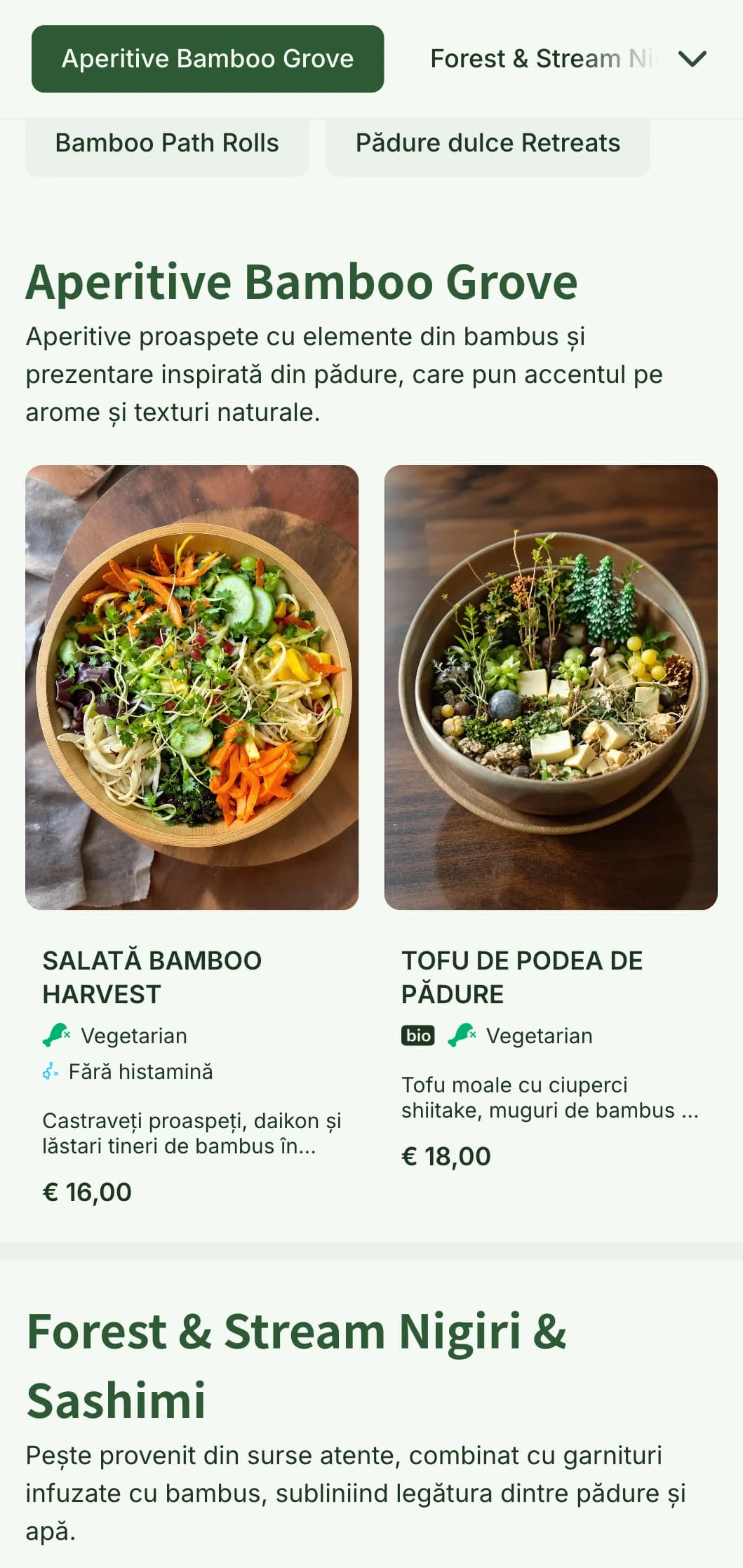 Meniu sushi natural, inspirat din bambus, cu tonuri de verde pădure și elemente organice pentru unități autentice.