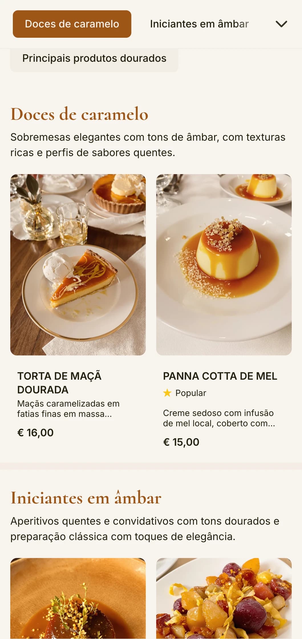 Um cardápio de jantar aconchegante, em tons de âmbar, com elementos de design clássico, perfeito para estabelecimentos com um ambiente de horário dourado.