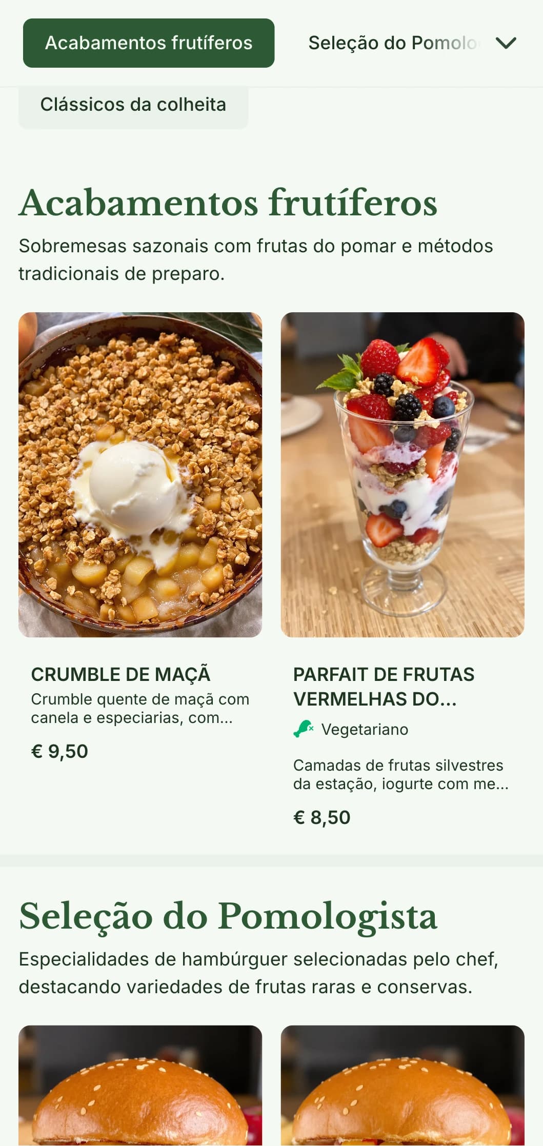 Restaurante de hambúrguer inspirado em um pomar de frutas, com produtos sazonais e combinações de cidra.