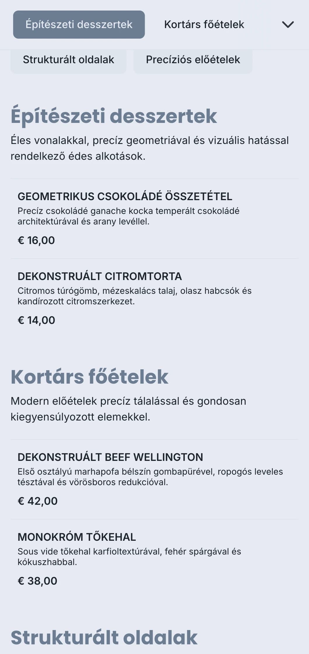 Letisztult, strukturált catering design geometrikus tálalással, precíz adagokkal és monokróm színösszeállításokkal a kortárs rendezvények számára.