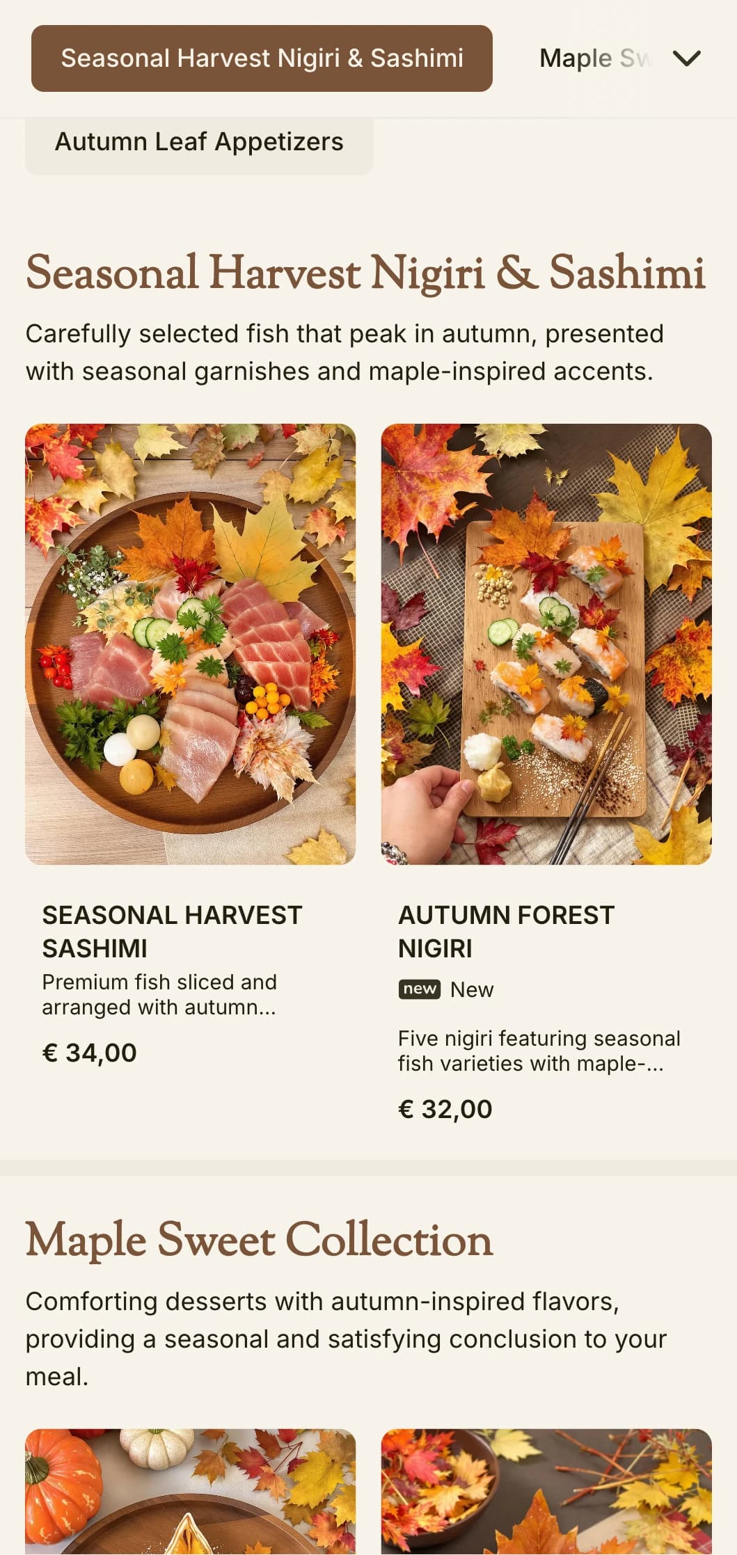 Warm, seasonal sushi menu featuring rich maple tones and autumn-inspired elements for traditional dining.