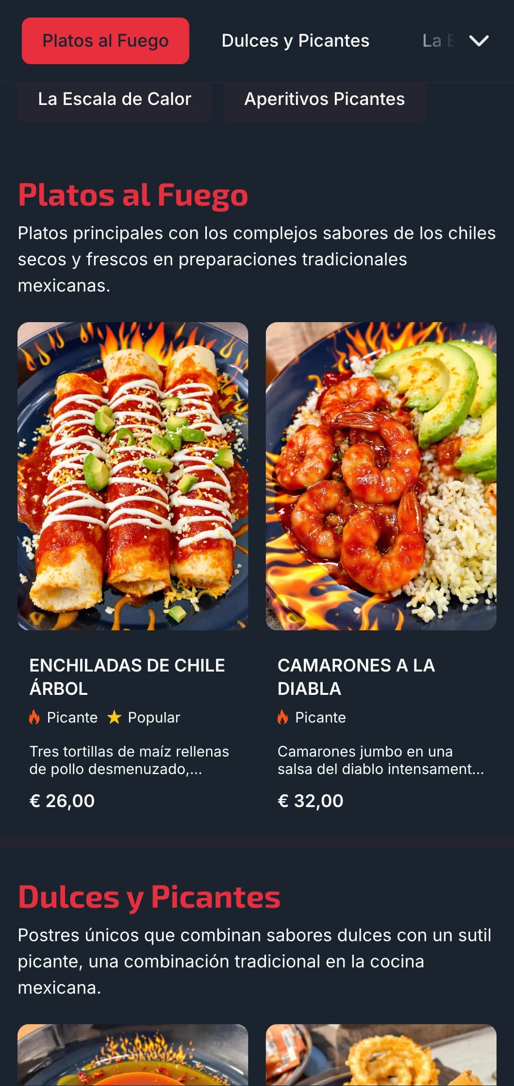 Menú atrevido y picante con vibrantes toques de chile rojo, platos picantes y salsas especiales para comensales aventureros.