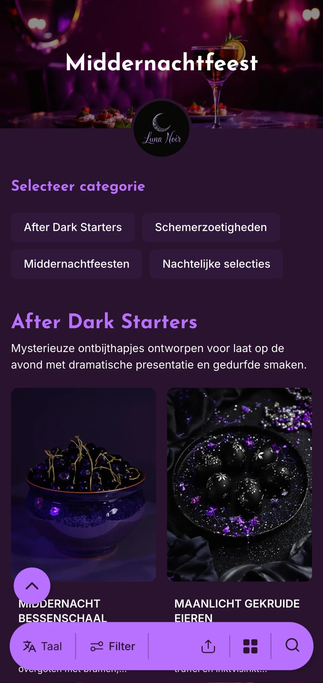 Diep paarse sjabloon met heldere accenten, perfect voor late brunchaanbiedingen en ontbijten met cocktails.