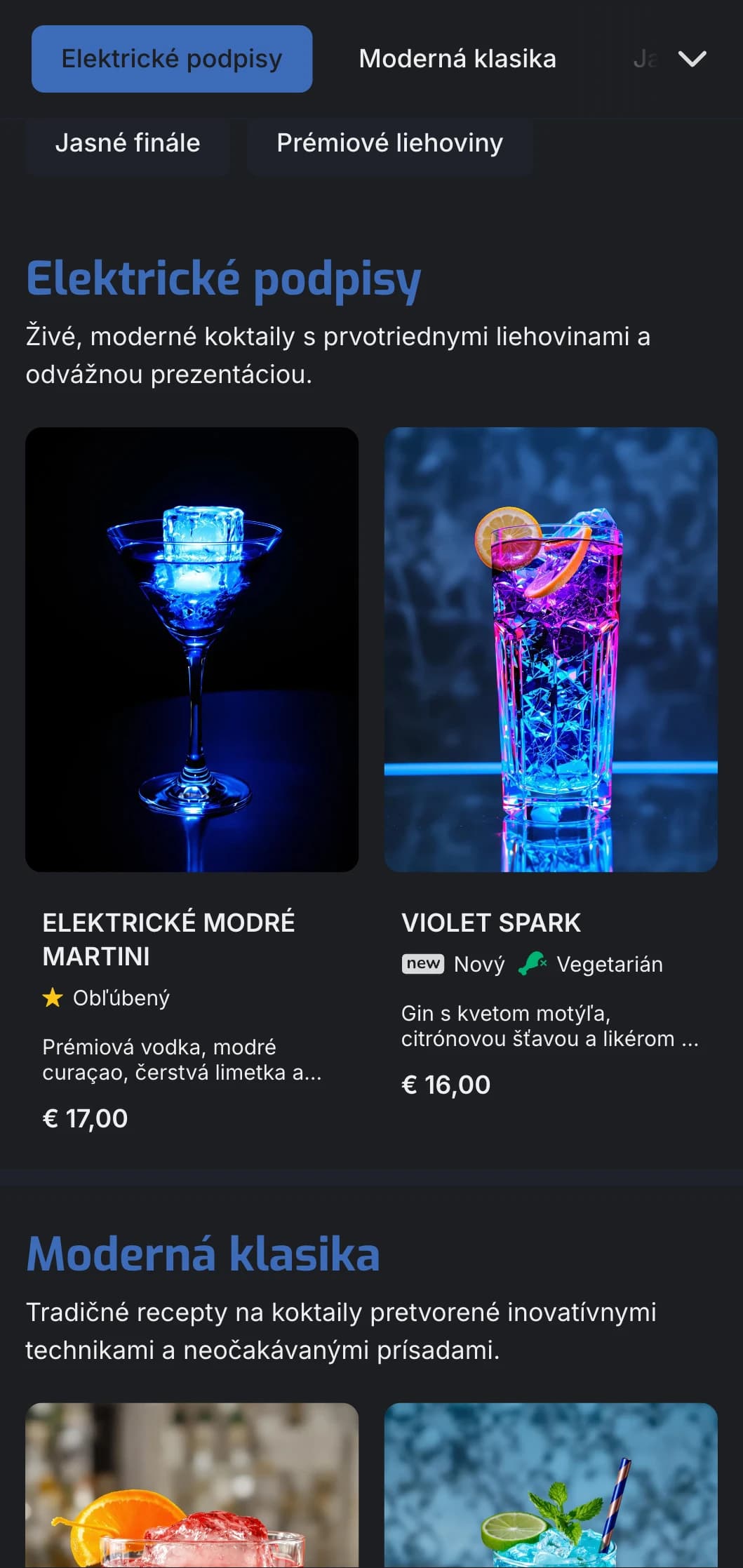 Živý, moderný dizajn pre moderné koktailové bary a salóniky s elektrickými modrými akcentmi a čistou typografiou.