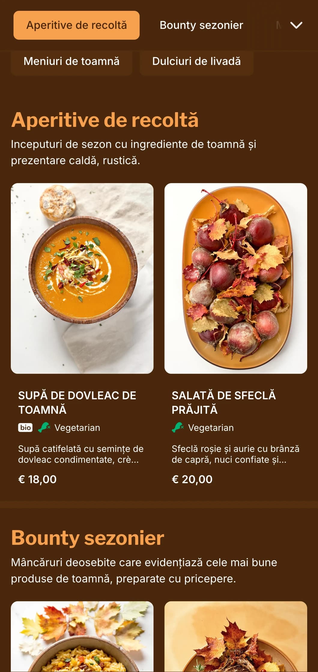 Un meniu de cină cald, inspirat de toamnă, cu tonuri bogate de chihlimbar, ideal pentru bucătăria sezonieră și restaurantele axate pe recoltă.