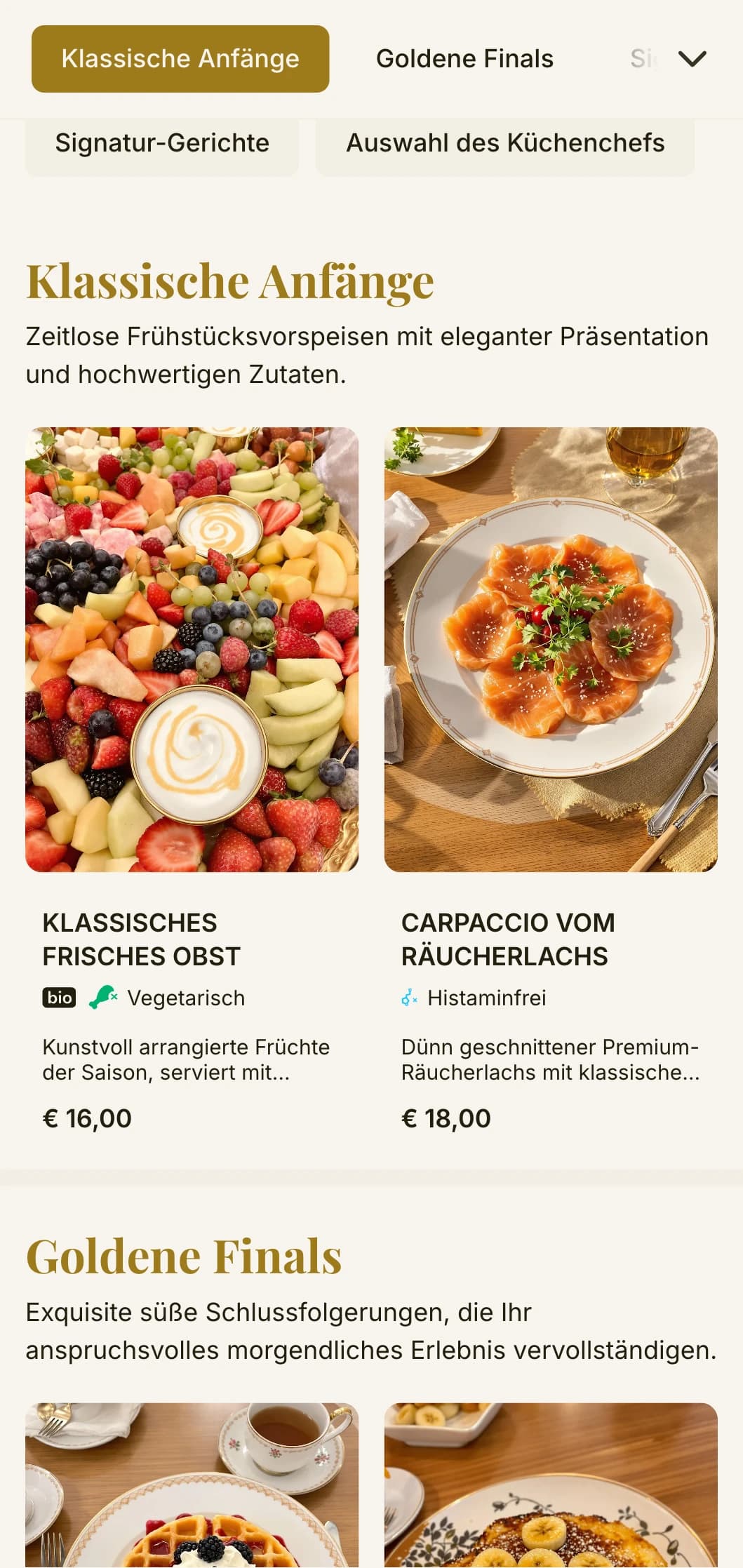 Elegantes Morgenessen mit zeitlosen Frühstücksklassikern und raffinierter Präsentation für einen anspruchsvollen Start in den Tag.