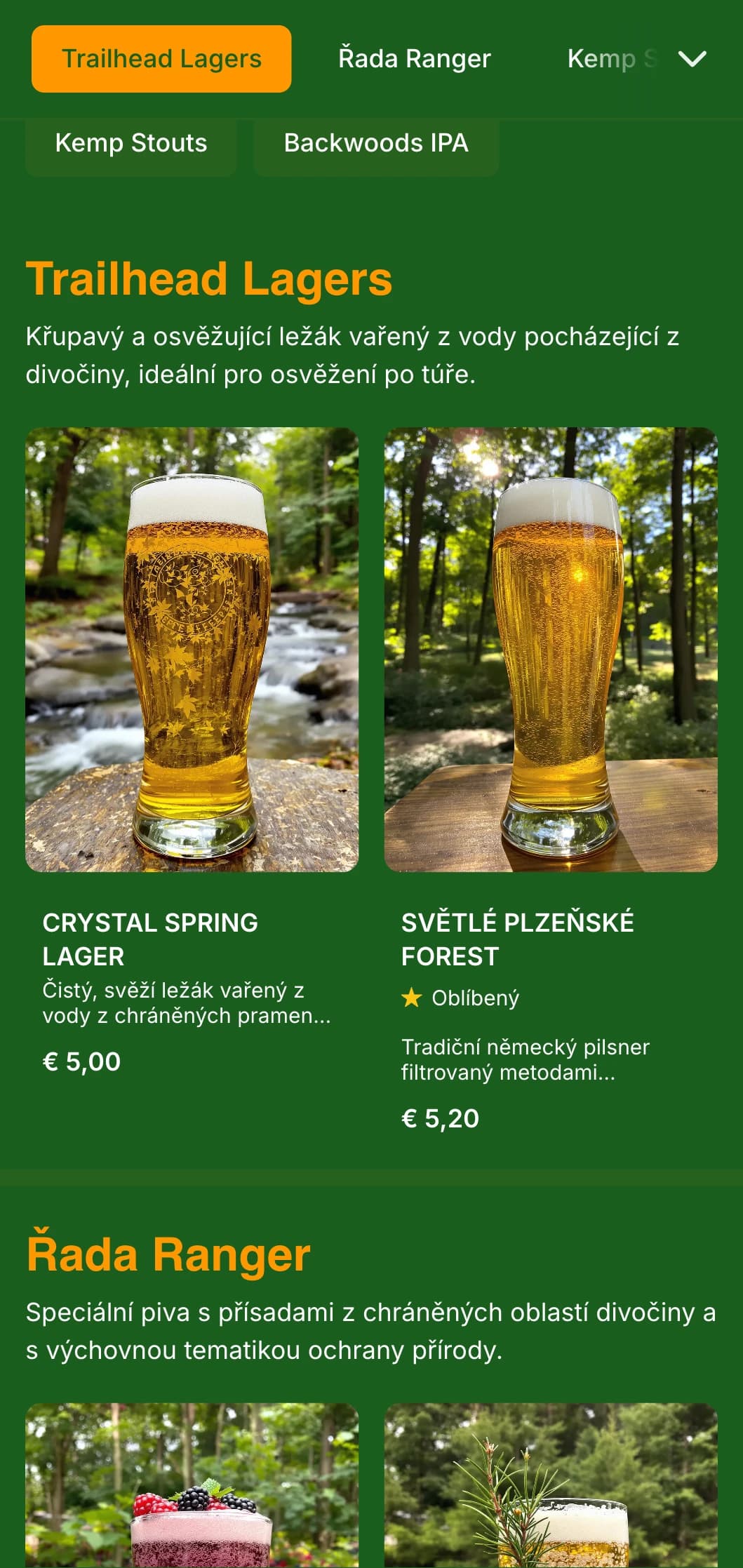 Přírodní a zemitý design inspirovaný hlubokými lesy se sytě zelenými a lesními prvky pro pivovary s přírodní tematikou.