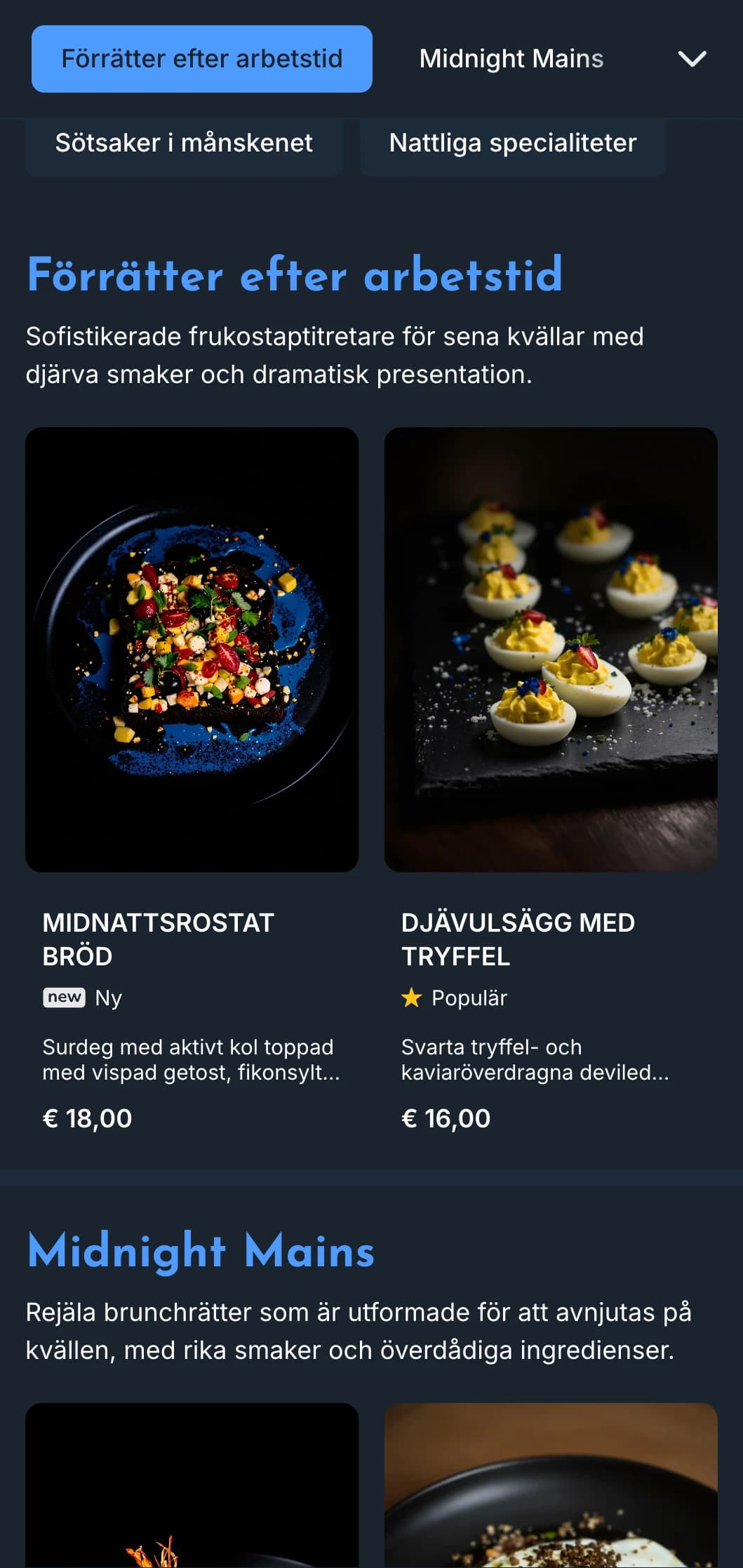 Djupblå mall med ljusa accenter, perfekt för brunchserveringar sent på kvällen och caféer som öppnar efter stängning.