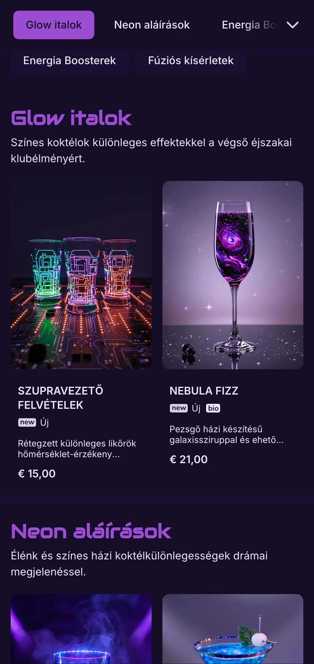 Kontrasztos lila és fekete design neon elemekkel a kortárs koktélbárok számára.