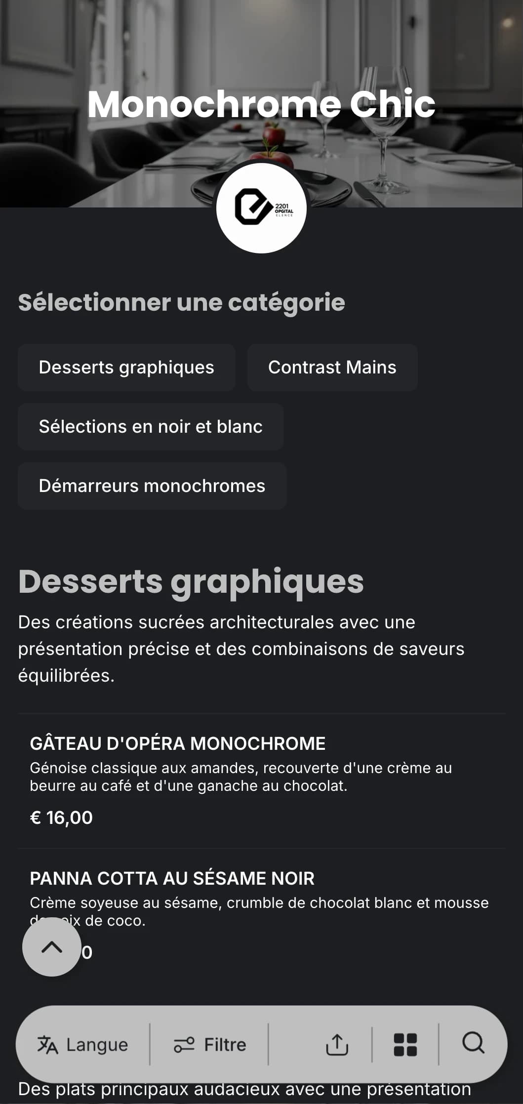 Un menu sophistiqué en noir et blanc, avec une typographie audacieuse et des lignes épurées, conçu pour la gastronomie contemporaine.