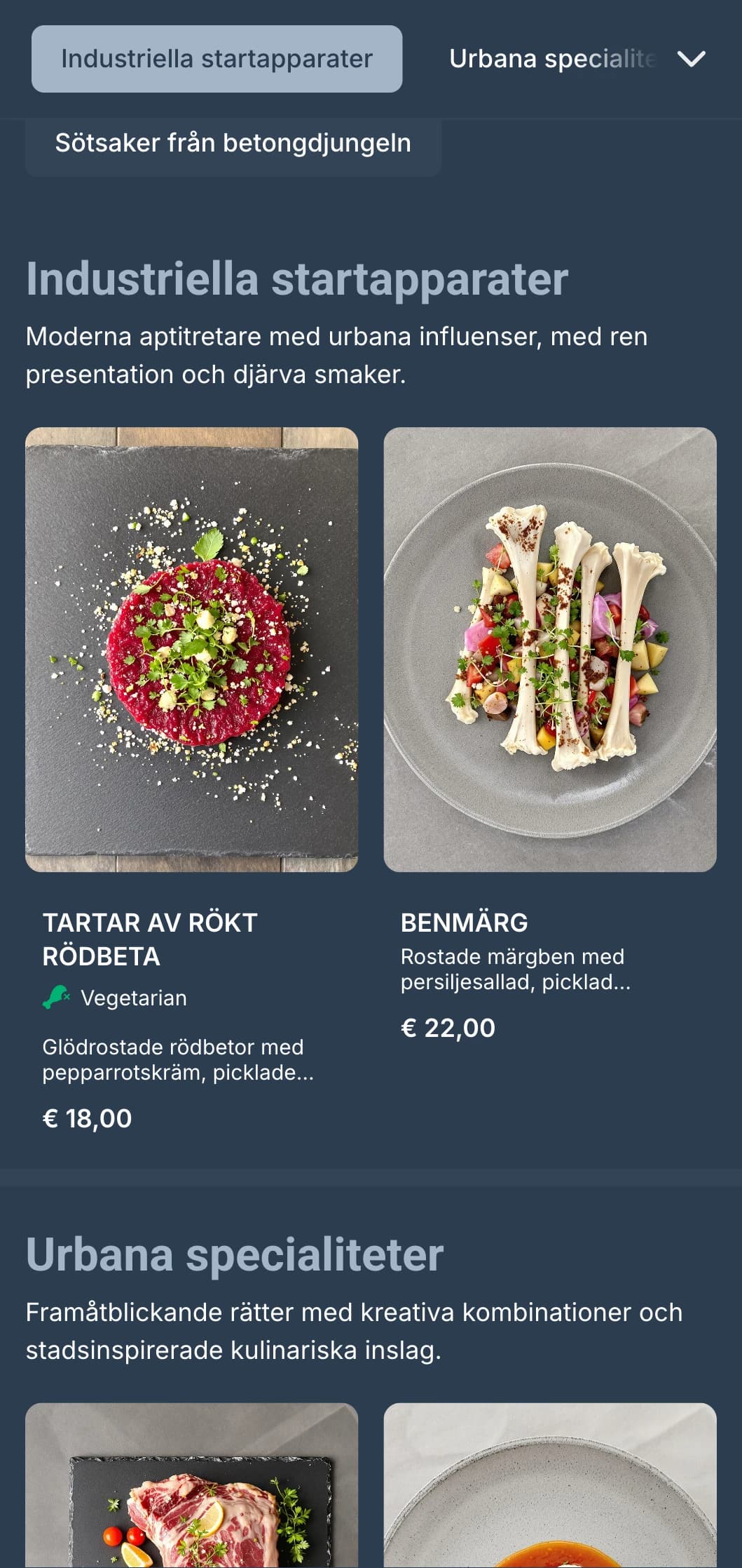 En modern middagsmeny med inslag av industridesign och urban estetik, perfekt för stadens gastropubar.