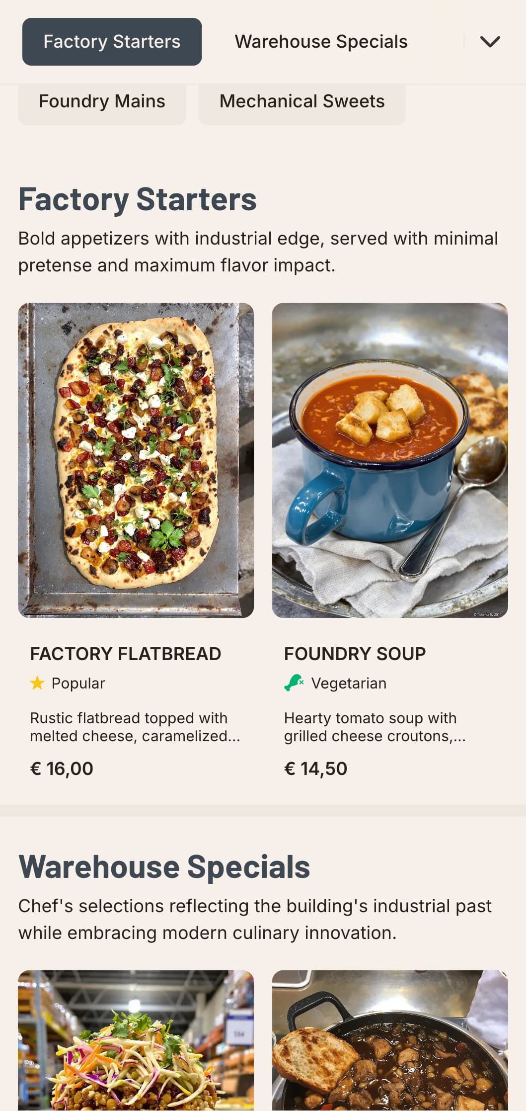 Raw, urban lunch menu design with industrial aesthetics and bold typography, suited for converted warehouse restaurants and urban-chic eateries.