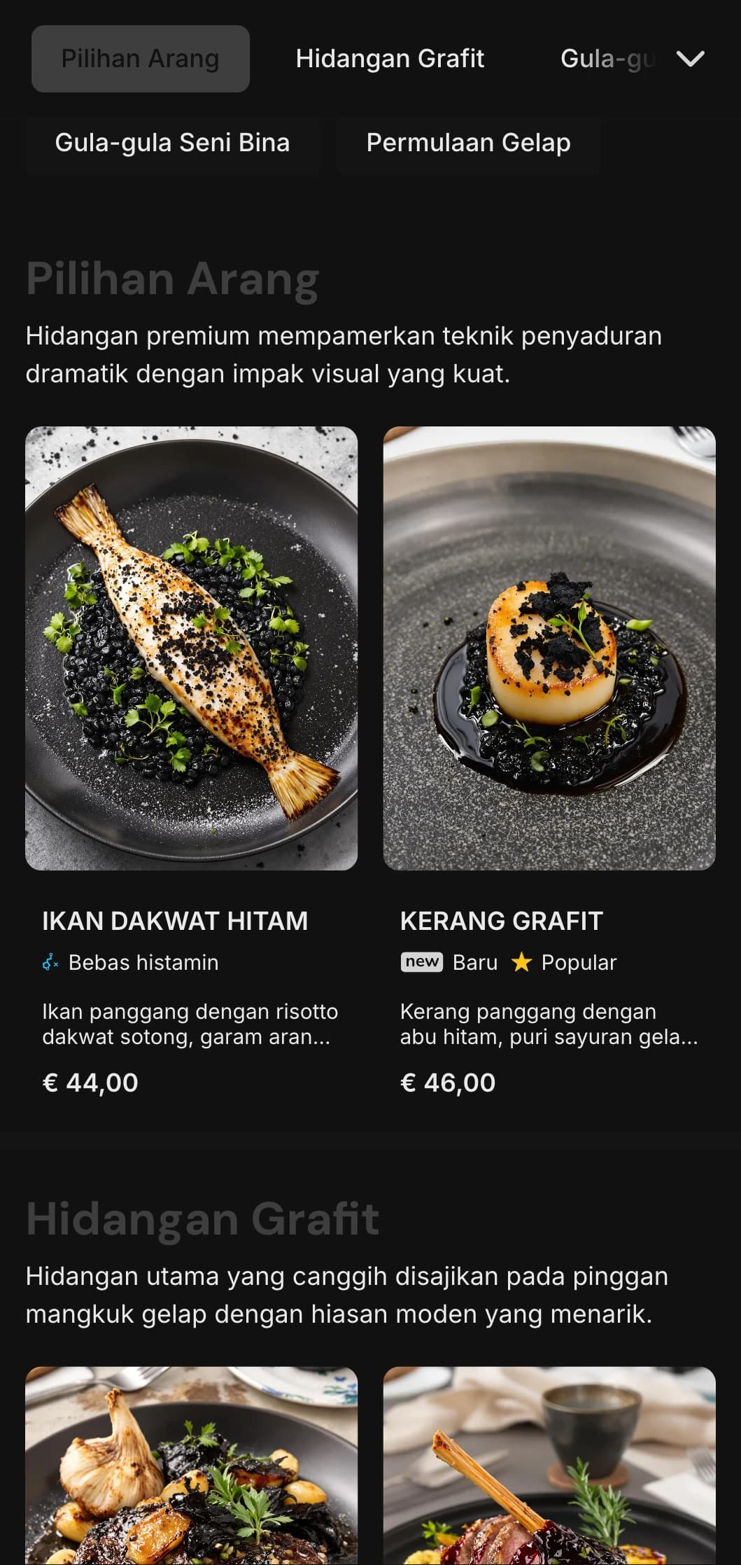 Konsep kontemporari yang berani dengan rona arang yang dalam dan kontras yang tajam untuk pengalaman makan yang dramatik.