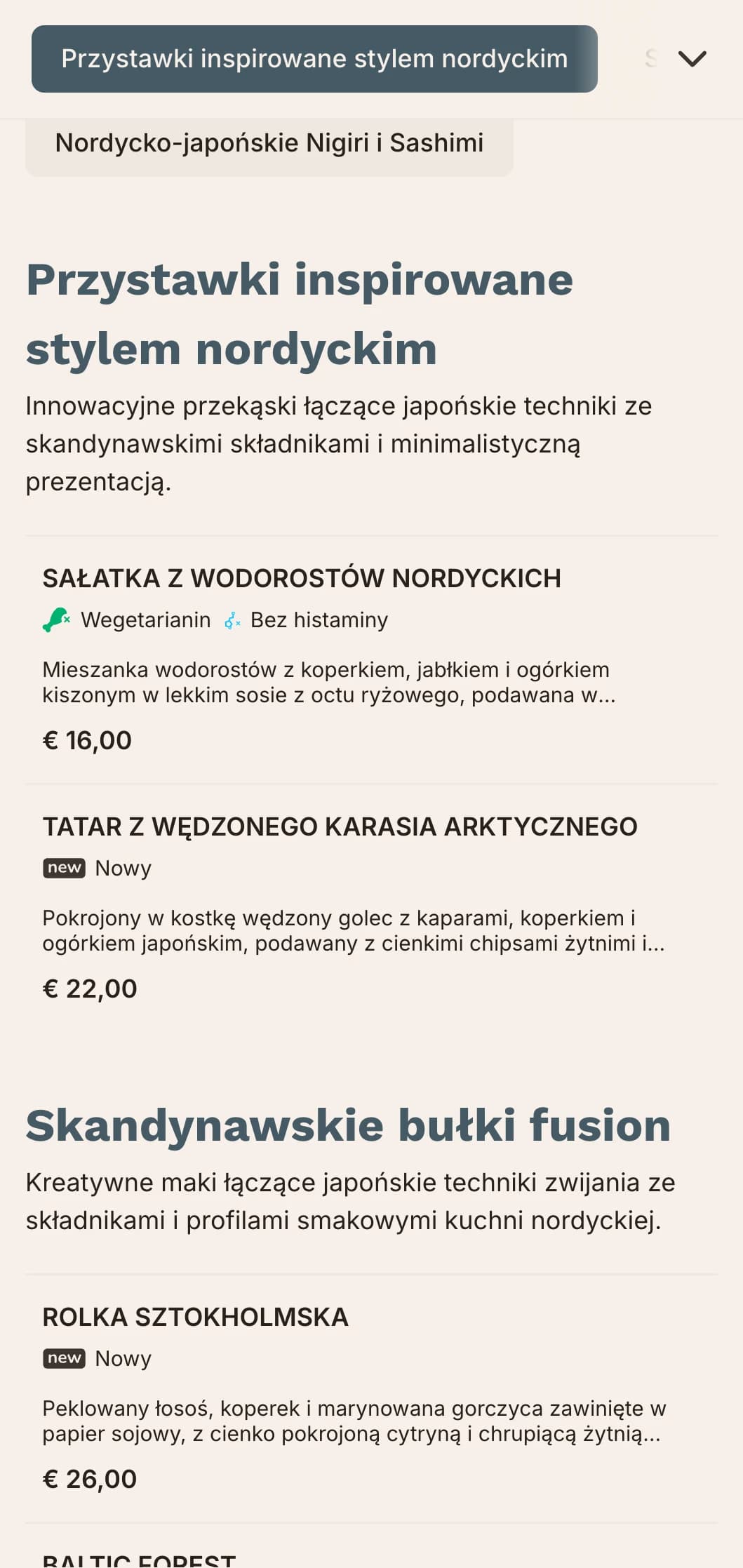 Współczesne menu sushi fusion łączące japońskie tradycje ze skandynawskim minimalizmem, charakteryzujące się czystymi liniami i stonowanymi błękitami.