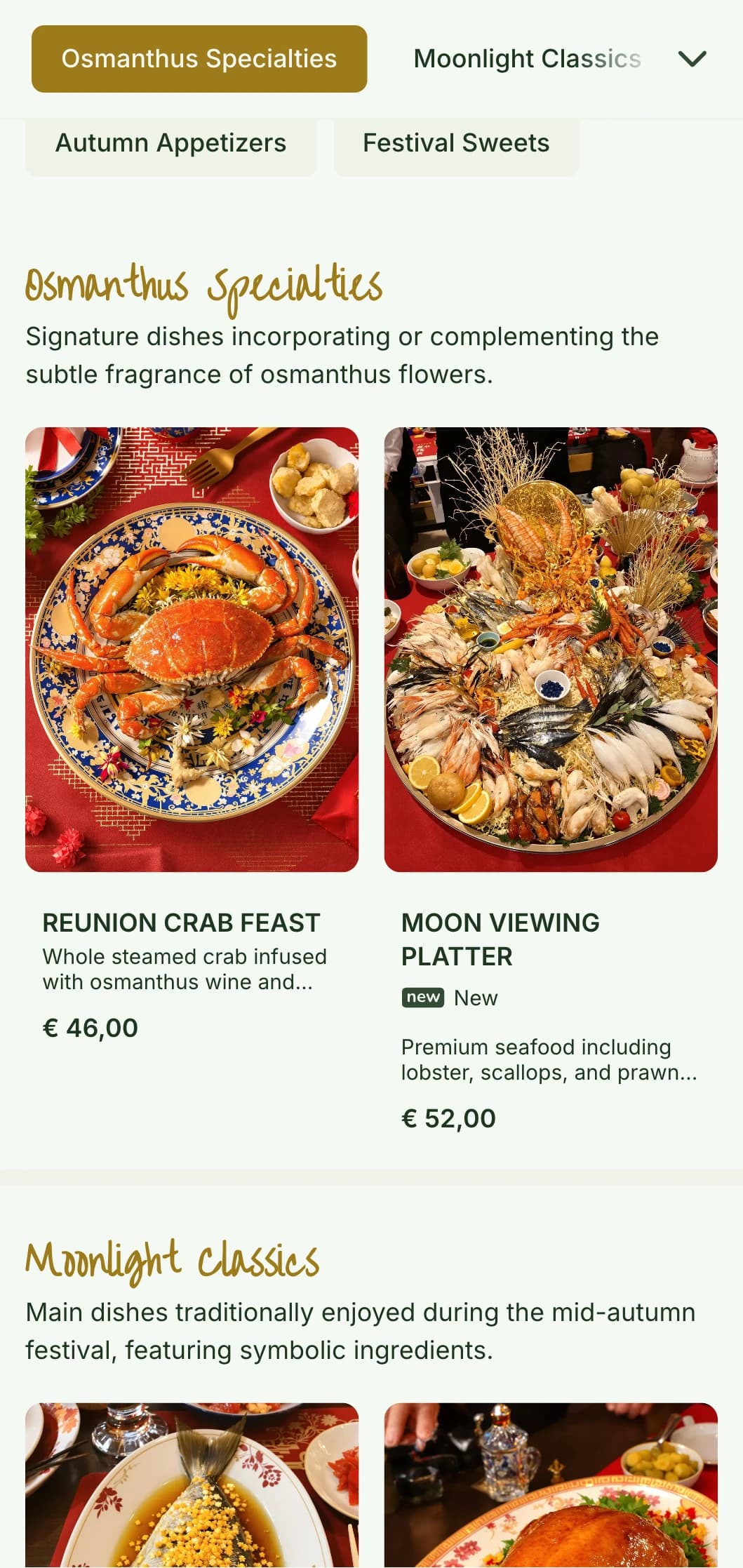 Serene Chinese menu design inspired by osmanthus flowers and moon festival traditions, with botanical elements.