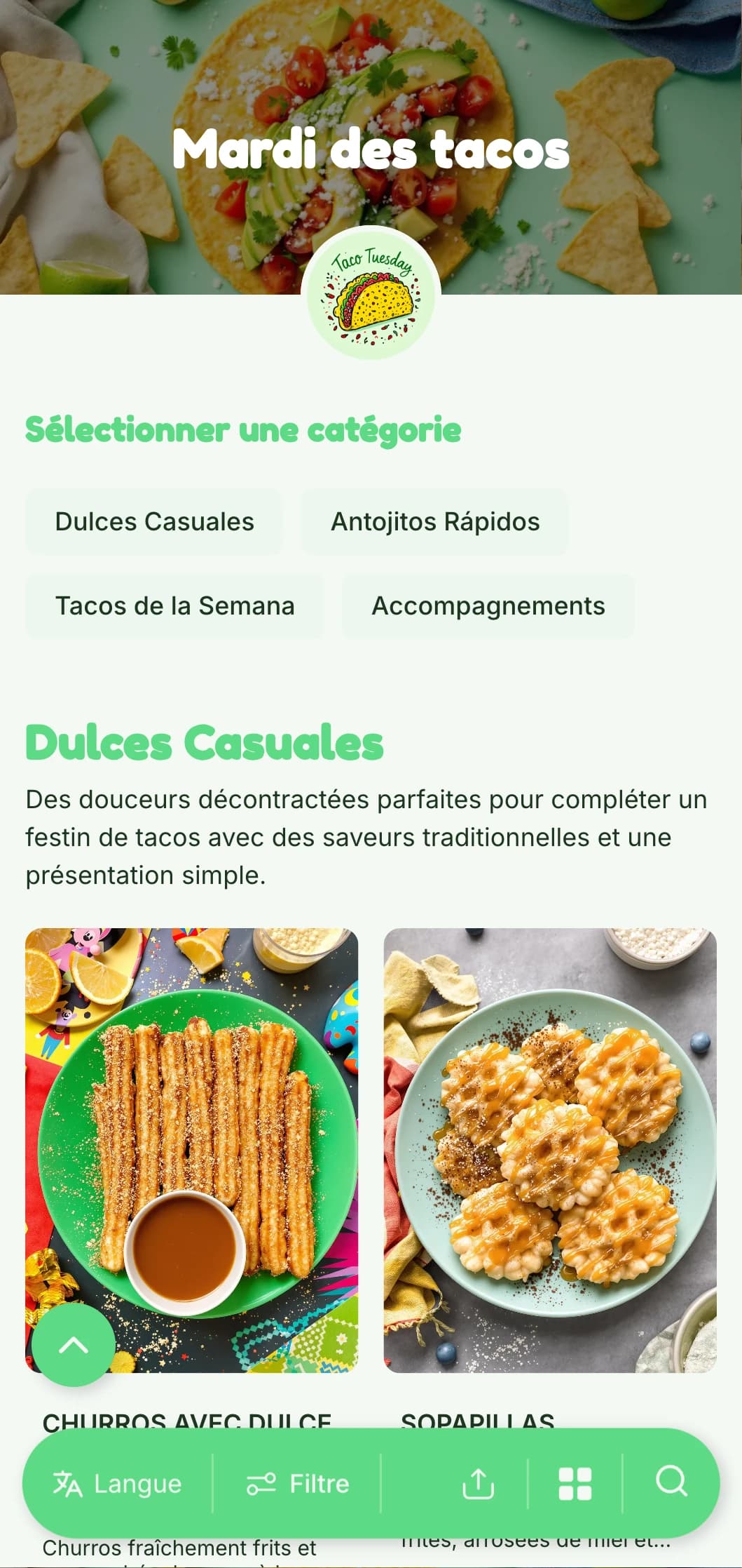 Menu amusant et décontracté axé sur les tacos, avec des accents verts vifs, des illustrations ludiques et des variations créatives de tacos pour les plats du jour de la semaine.