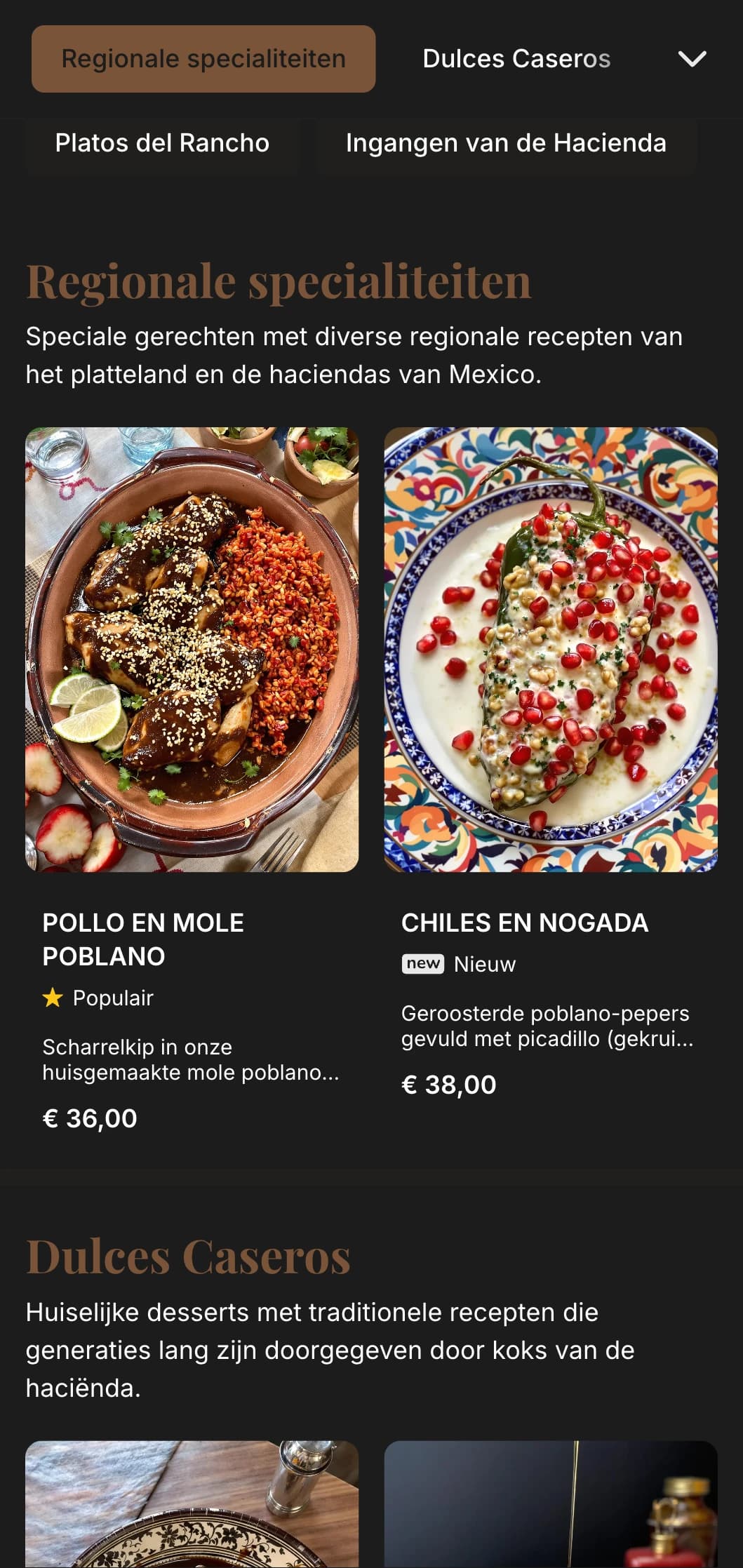 Rustiek en warm menu in Mexicaanse haciënda-stijl met rijke houttexturen, traditionele recepten en stevige gerechten in een elegante ranchomgeving.